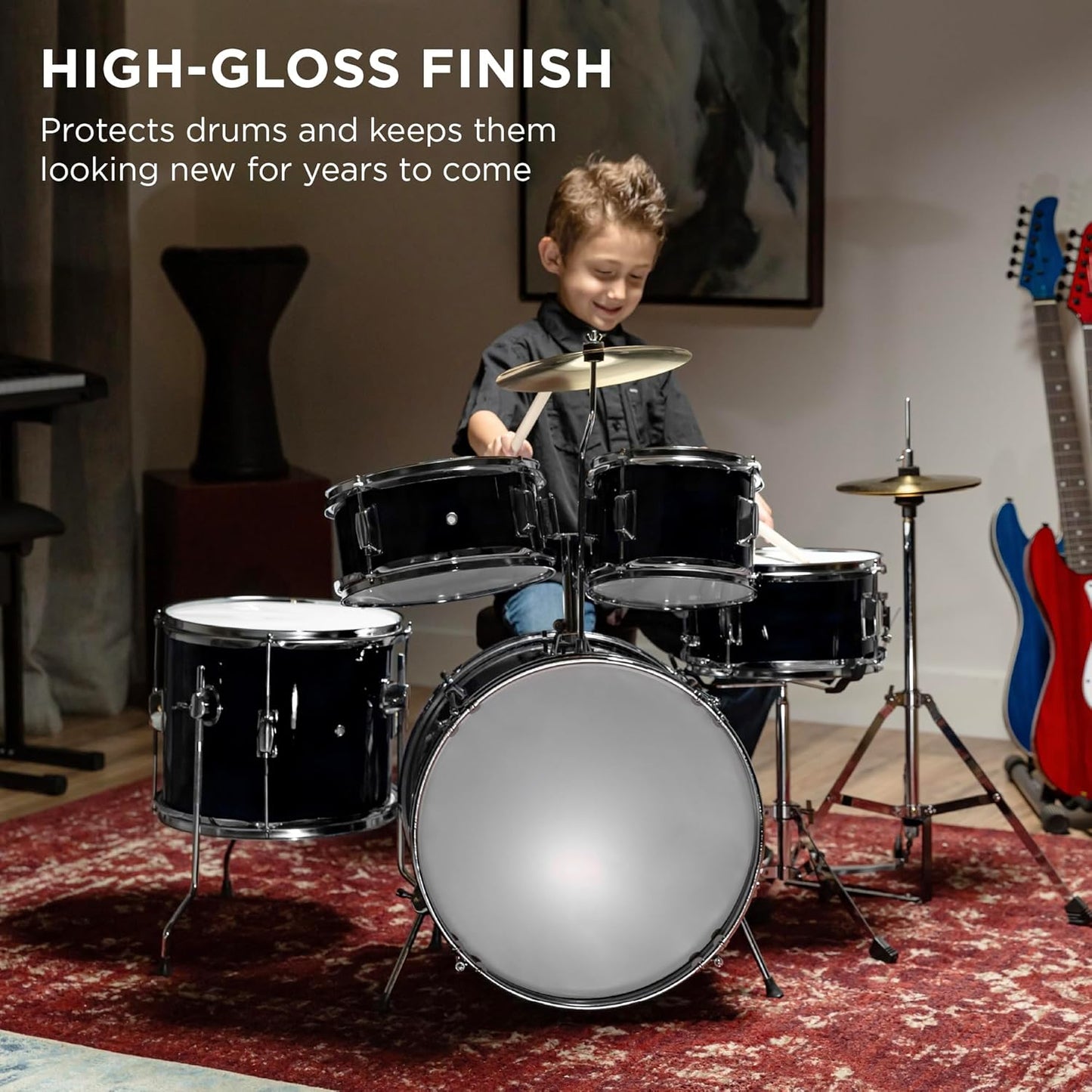 Kids Drum Set 5-Piece 16In Beginner Drum Set Junior Drum Kit, Starter Percussion Set W/Cymbals, Pedal, Drumsticks, Stool, Toms, Snare, Hi Hat - Black