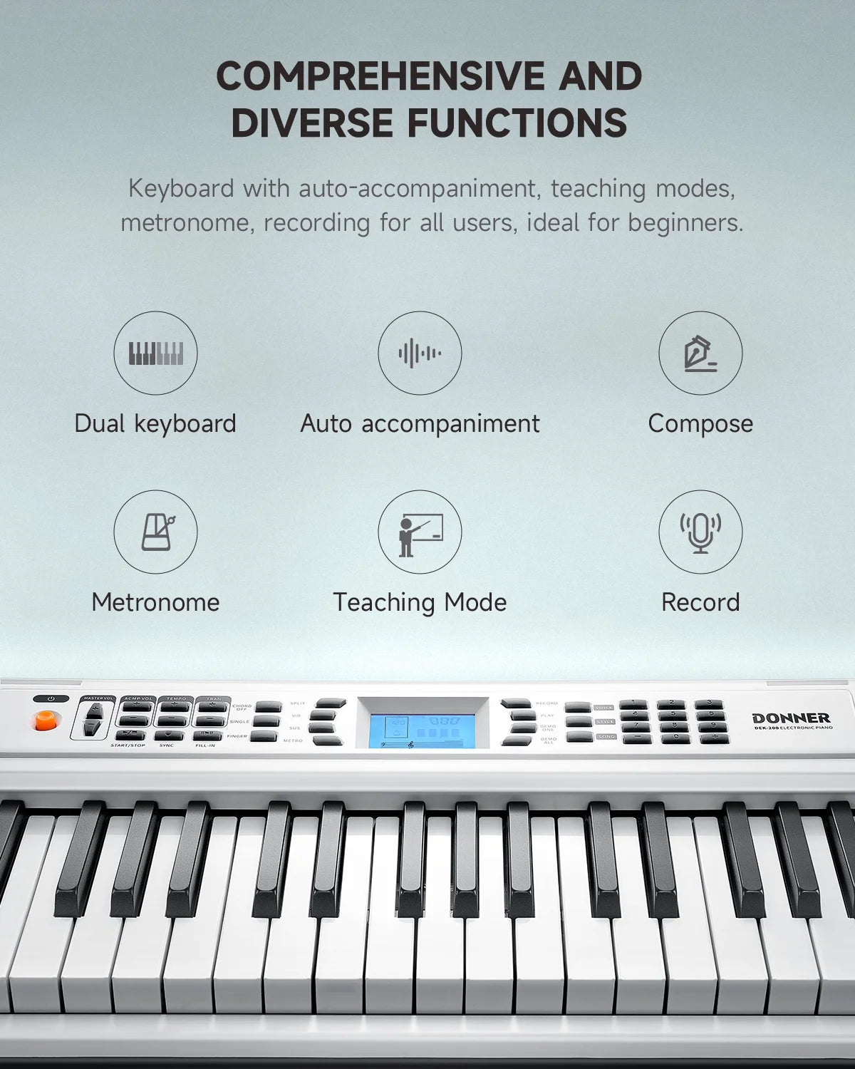 DEK-200 61 Key Piano Full-Size Electronic Keyboard Set, Dual Keyboard, Auto Accompaniment, Metronome, Record, Includes 300 Tones and Rhythms, with Stand, Bench, Microphone, White
