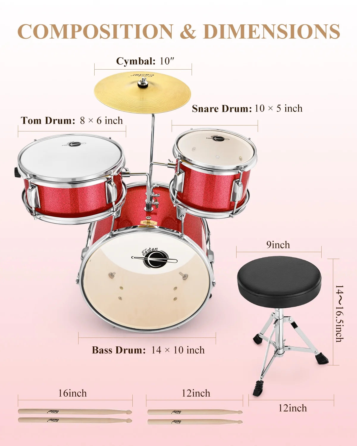 Drum Set for Kids 14 Inch 3-Piece Drums Kit Child Beginners Jazz Musical Instrument, Throne, Cymbal, Pedal, Drumsticks, Red