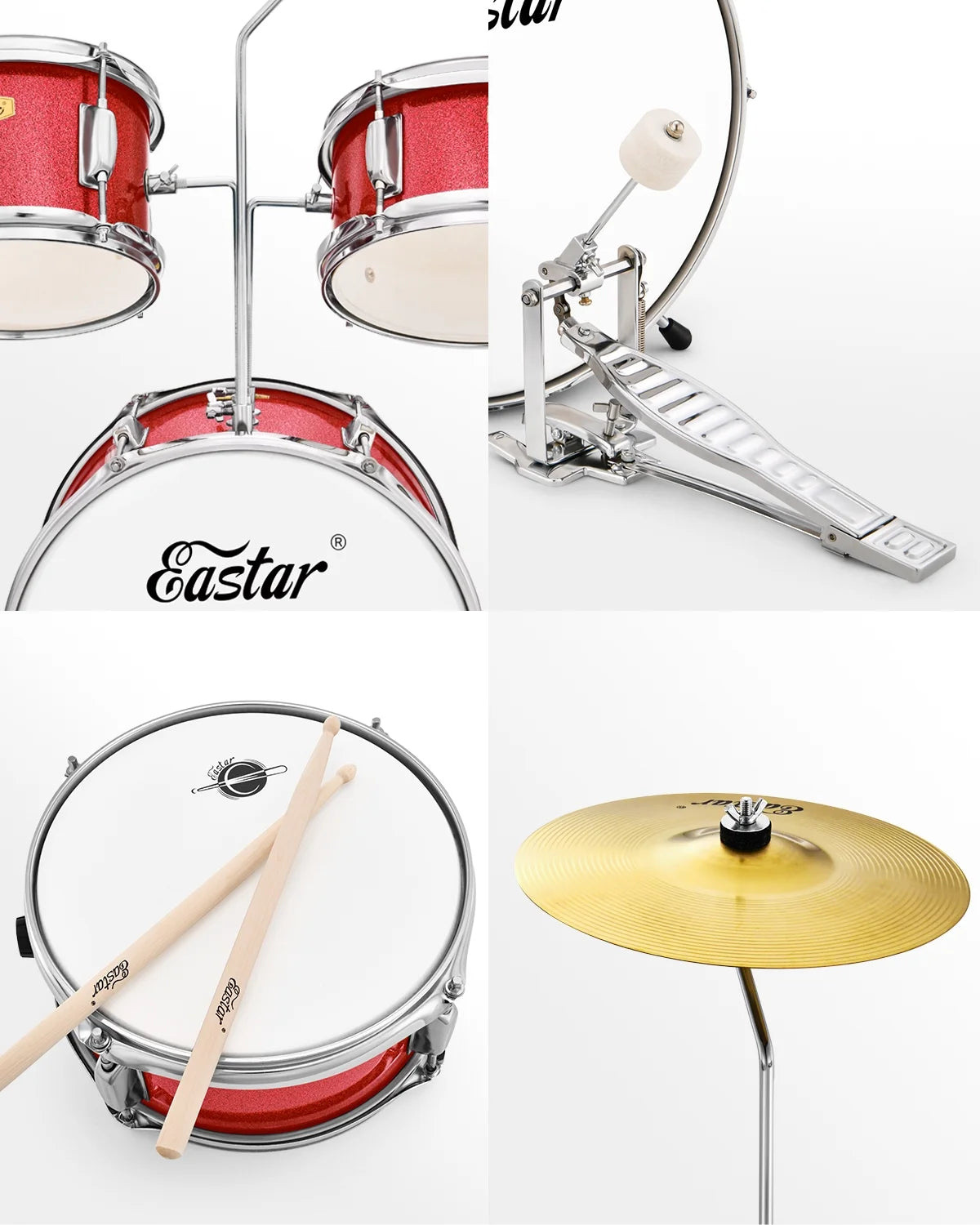 Drum Set for Kids 14 Inch 3-Piece Drums Kit Child Beginners Jazz Musical Instrument, Throne, Cymbal, Pedal, Drumsticks, Red