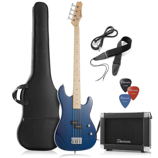 Davison 4-String Electric Bass Guitar with P-Style Pickups and 15-Watt Amplifier, Blue