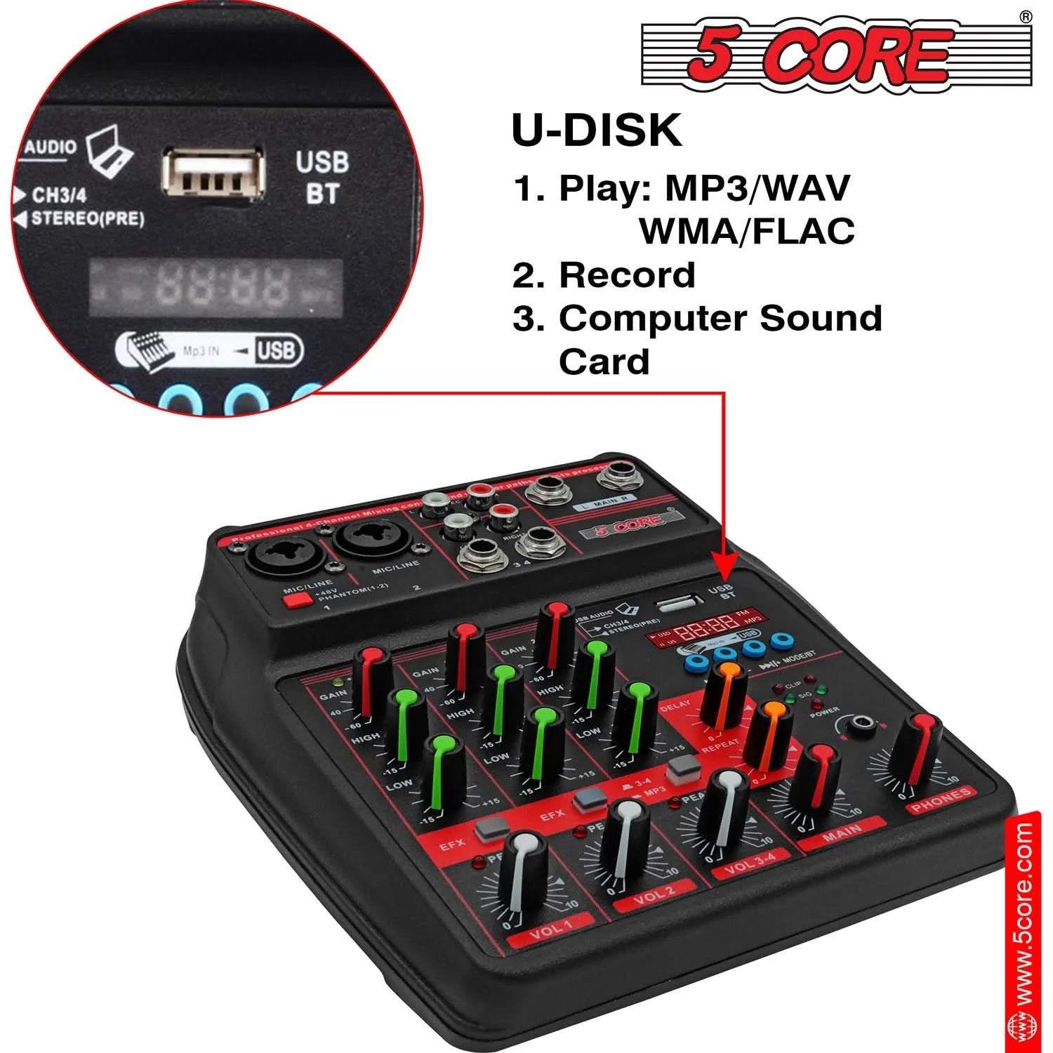 Audio Mixer 4 Channel DJ Equipment with Bluetooth USB Sound Board Console
