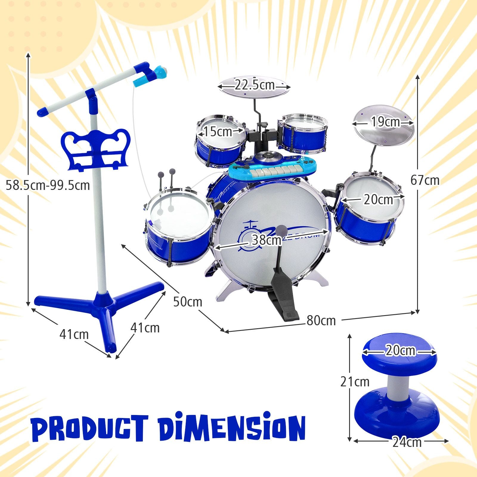 Kids Drum Kit with 8-Keys Keyboard, Microphone and 2 Drumsticks