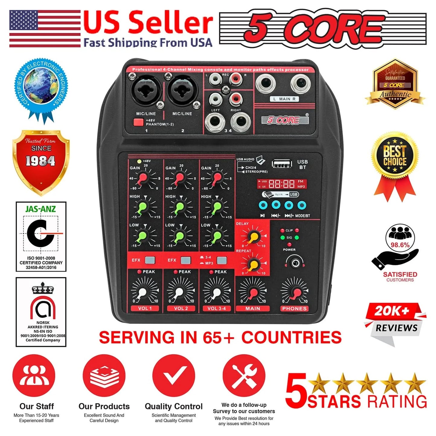 Audio Mixer 4 Channel DJ Equipment with Bluetooth USB Sound Board Console