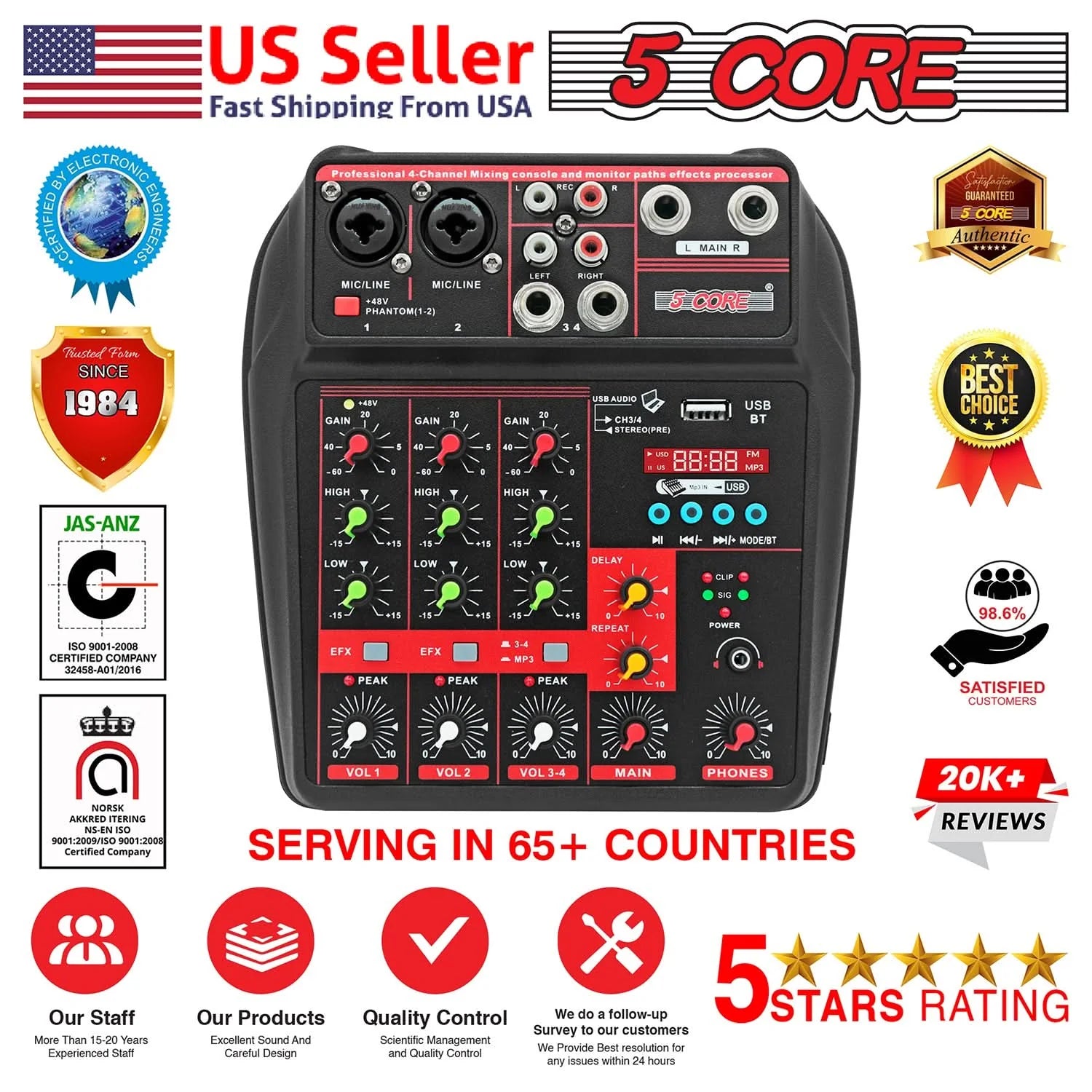 Audio Mixer 4 Channel DJ Equipment with Bluetooth USB Sound Board Console