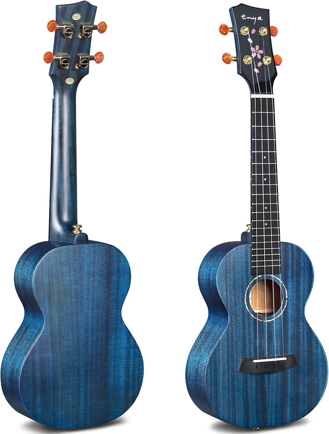Concert Ukulele 23" Blue All Solid Mahogany Ukeleles for Adults Beginners Kids with Cherry Blossom Pattern Bundle Case Tuner Strap Strings Capo Sand Shaker Picks Polish Cloth (EUC-MS BU)