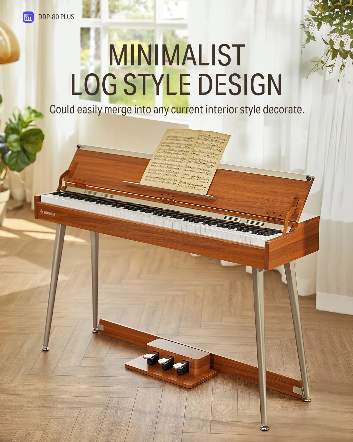 DDP-80 plus Digital Piano 88 Key Weighted Keyboard, Supports USB-MIDI and Headphones, with Three Pedal, Power Adapter, Brown