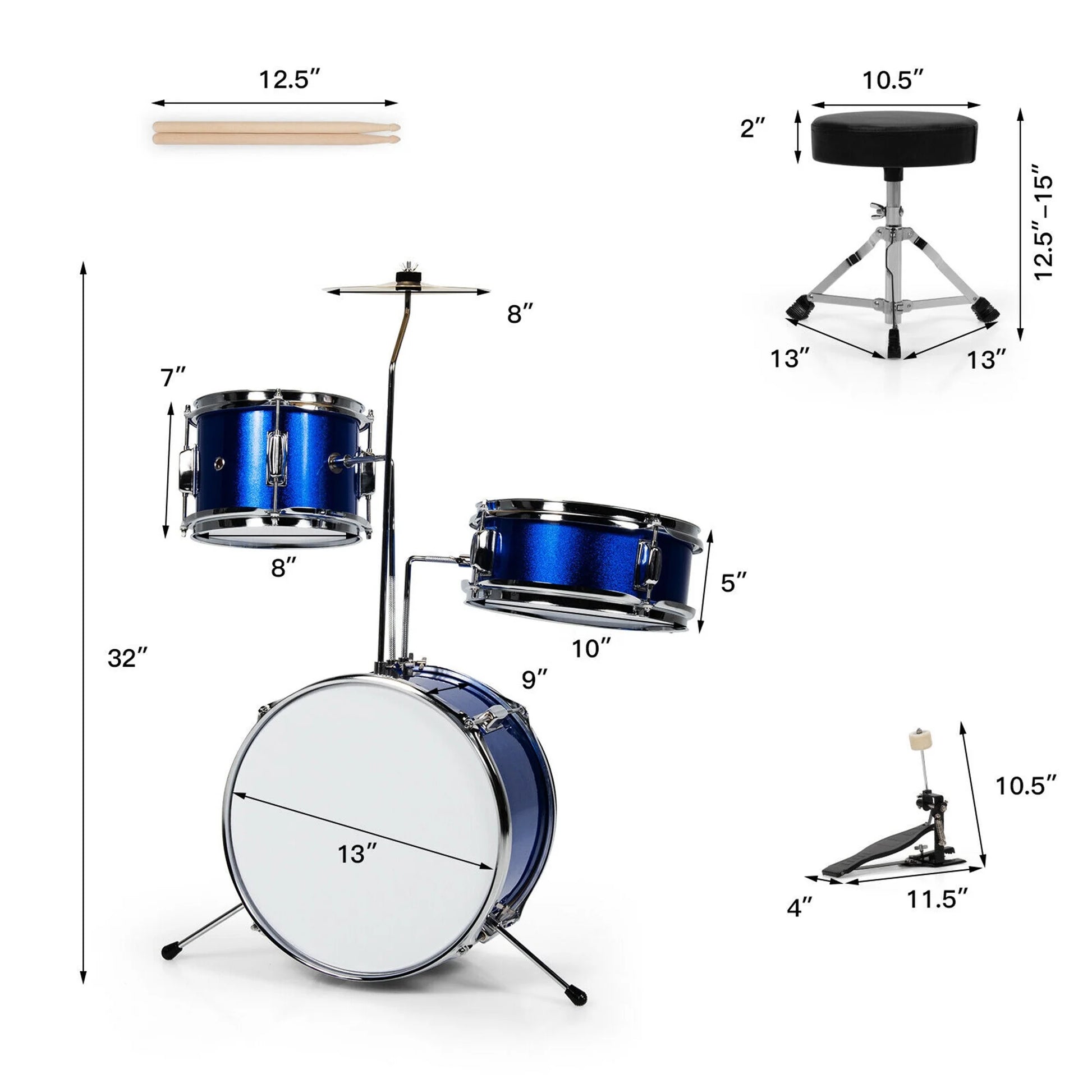 13 Inch 3-Piece Kids Junior Beginner Drum Set W/Tom Snare Bass Drum Blue