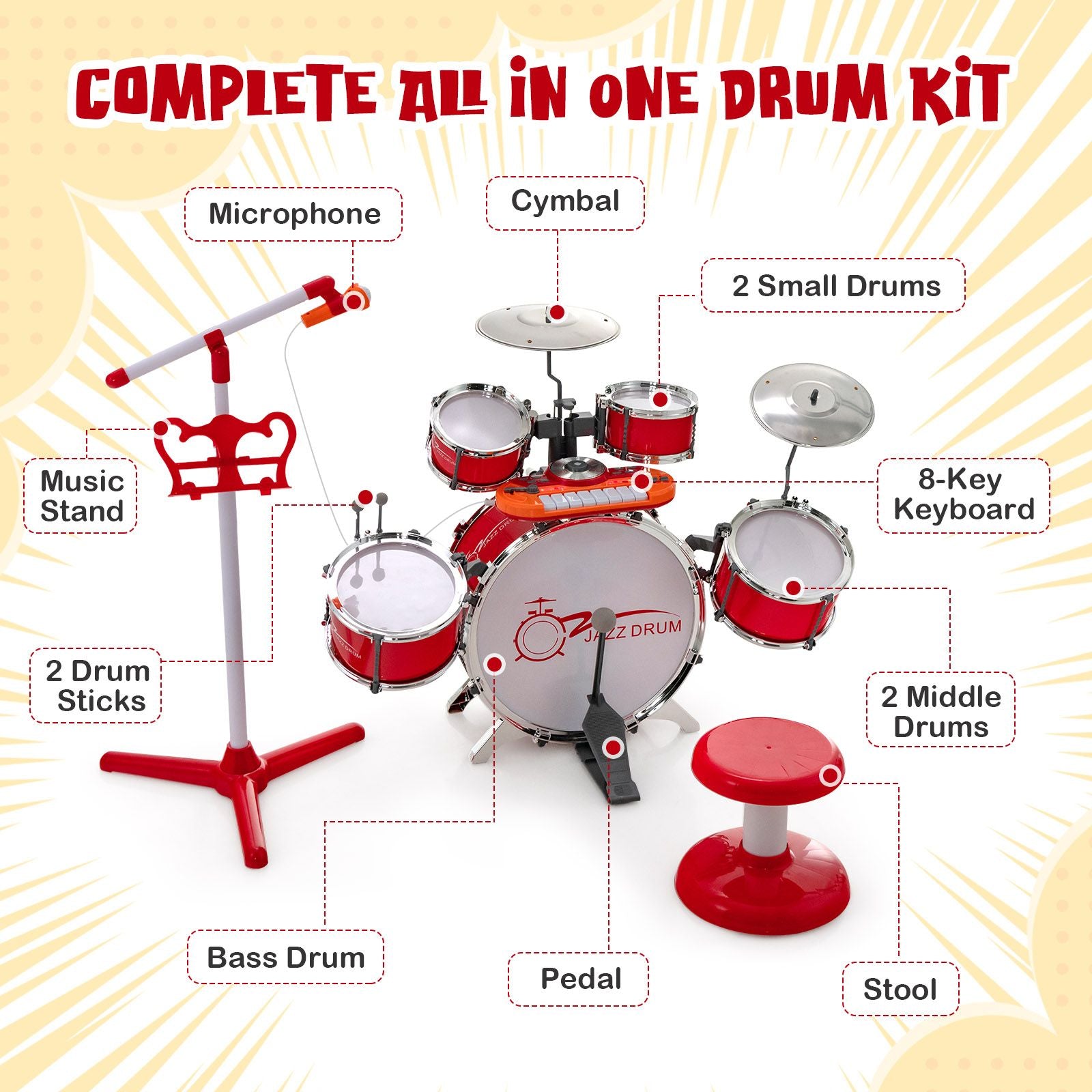 Kids Drum Kit with 8-Keys Keyboard, Microphone and 2 Drumsticks