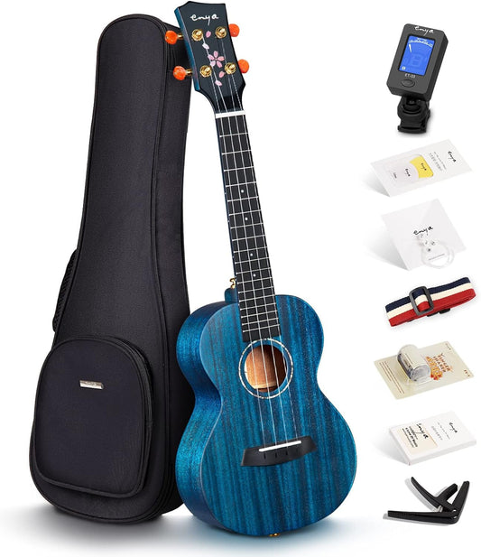 Concert Ukulele 23" Blue All Solid Mahogany Ukeleles for Adults Beginners Kids with Cherry Blossom Pattern Bundle Case Tuner Strap Strings Capo Sand Shaker Picks Polish Cloth (EUC-MS BU)