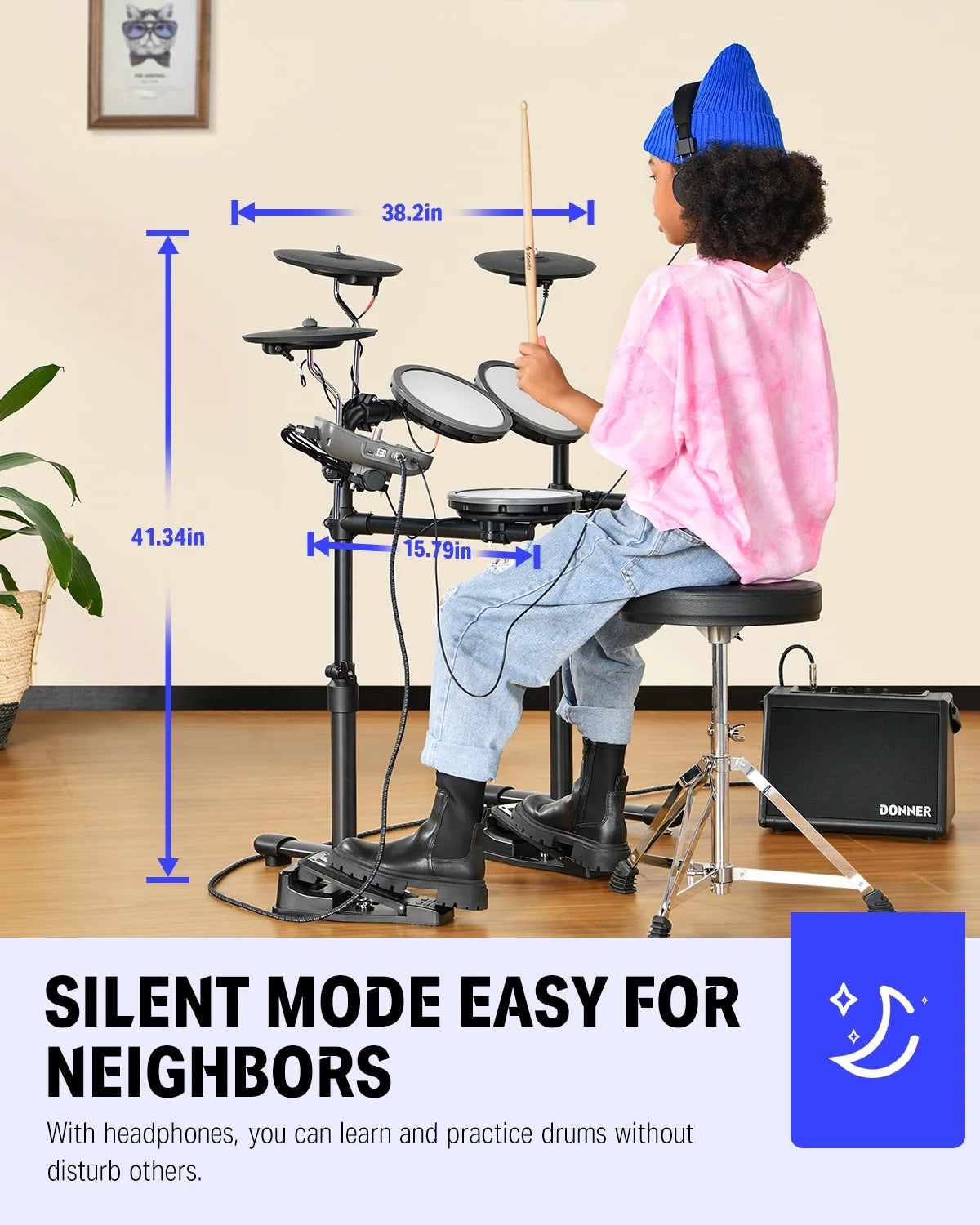 Electric Drum Set for Kids Beginner Christmas Birthday Gift, 68+ Sounds, Quiet Mesh Pad