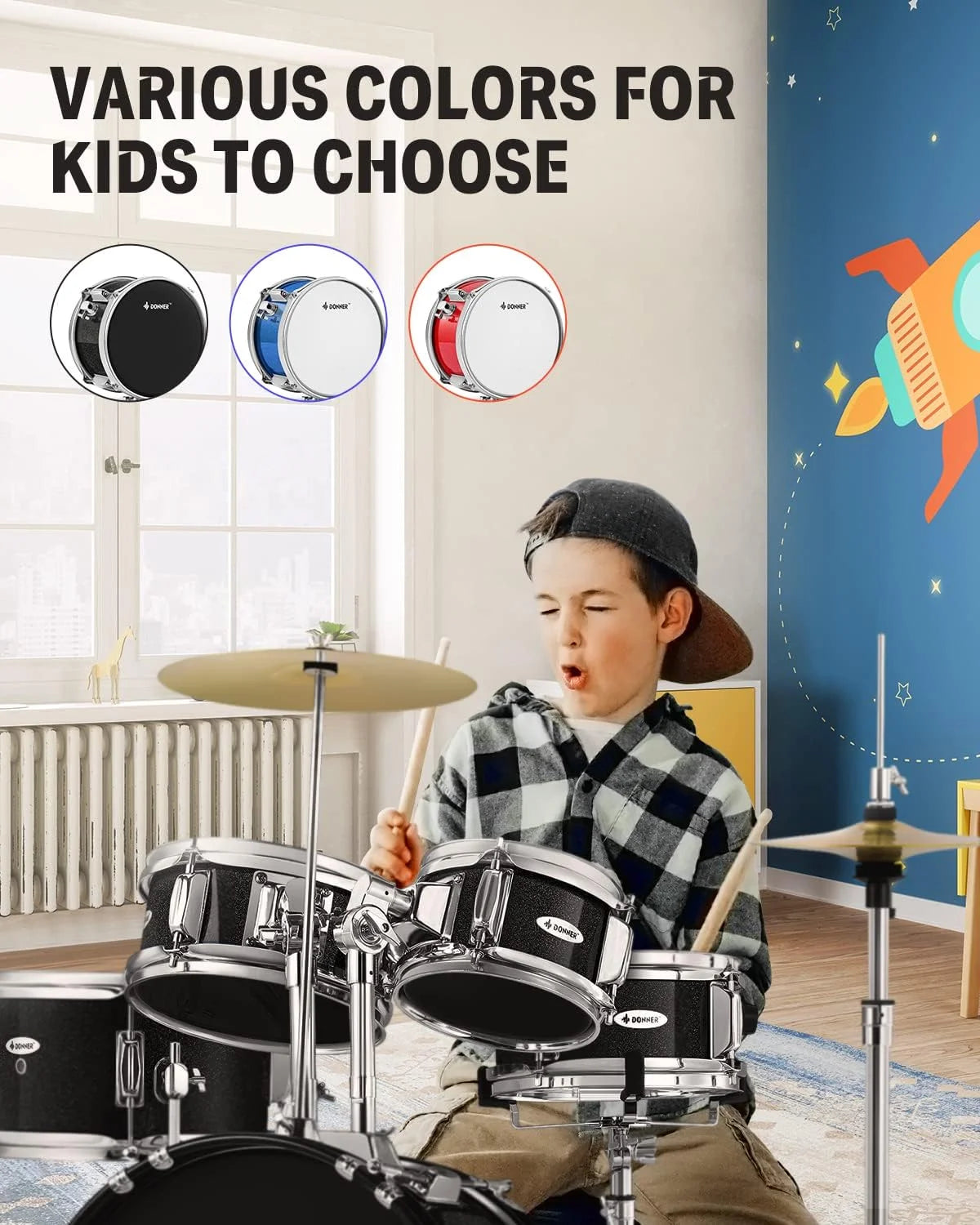 Kids Junior Drum Set for Beginner, 14" 5-Piece Percussion Instrument Practice Learning, Black