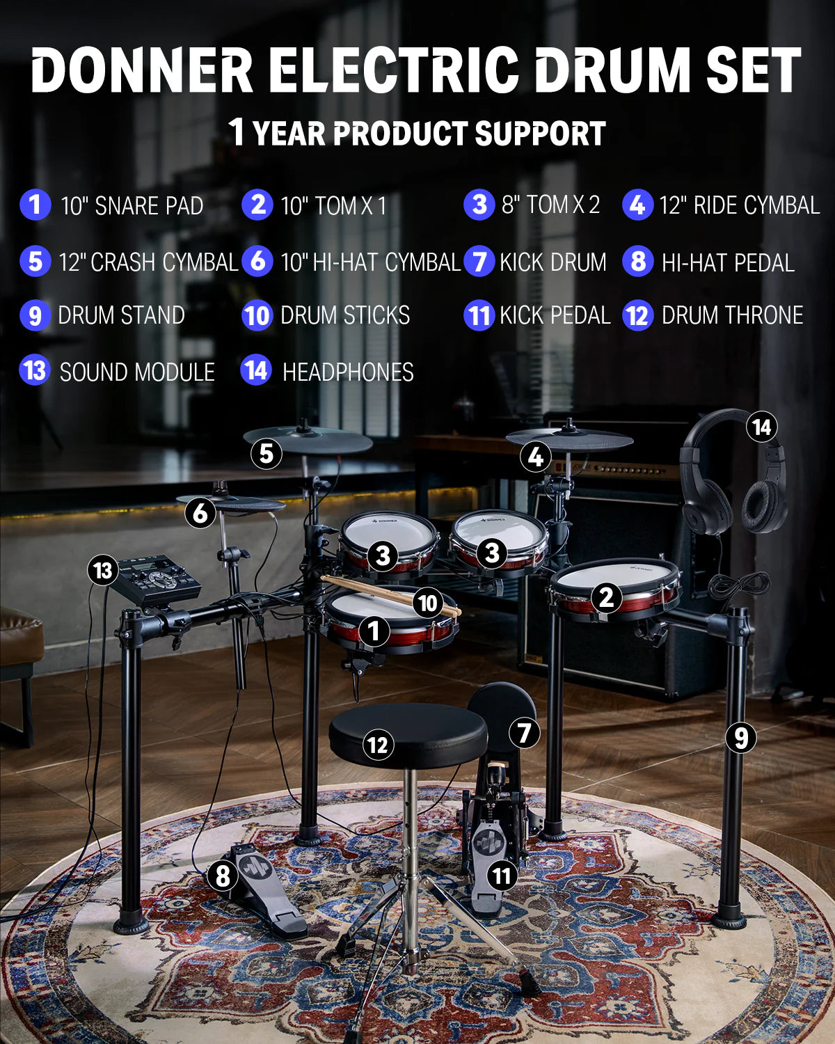 DED-200 MAX Electronic Drum Set 5-Drum 3-Cymbal with Drum Throne/Headphone