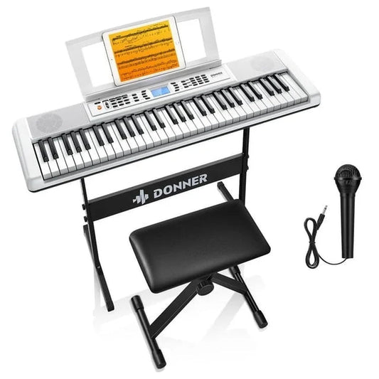 DEK-200 61 Key Piano Full-Size Electronic Keyboard Set, Dual Keyboard, Auto Accompaniment, Metronome, Record, Includes 300 Tones and Rhythms, with Stand, Bench, Microphone, White