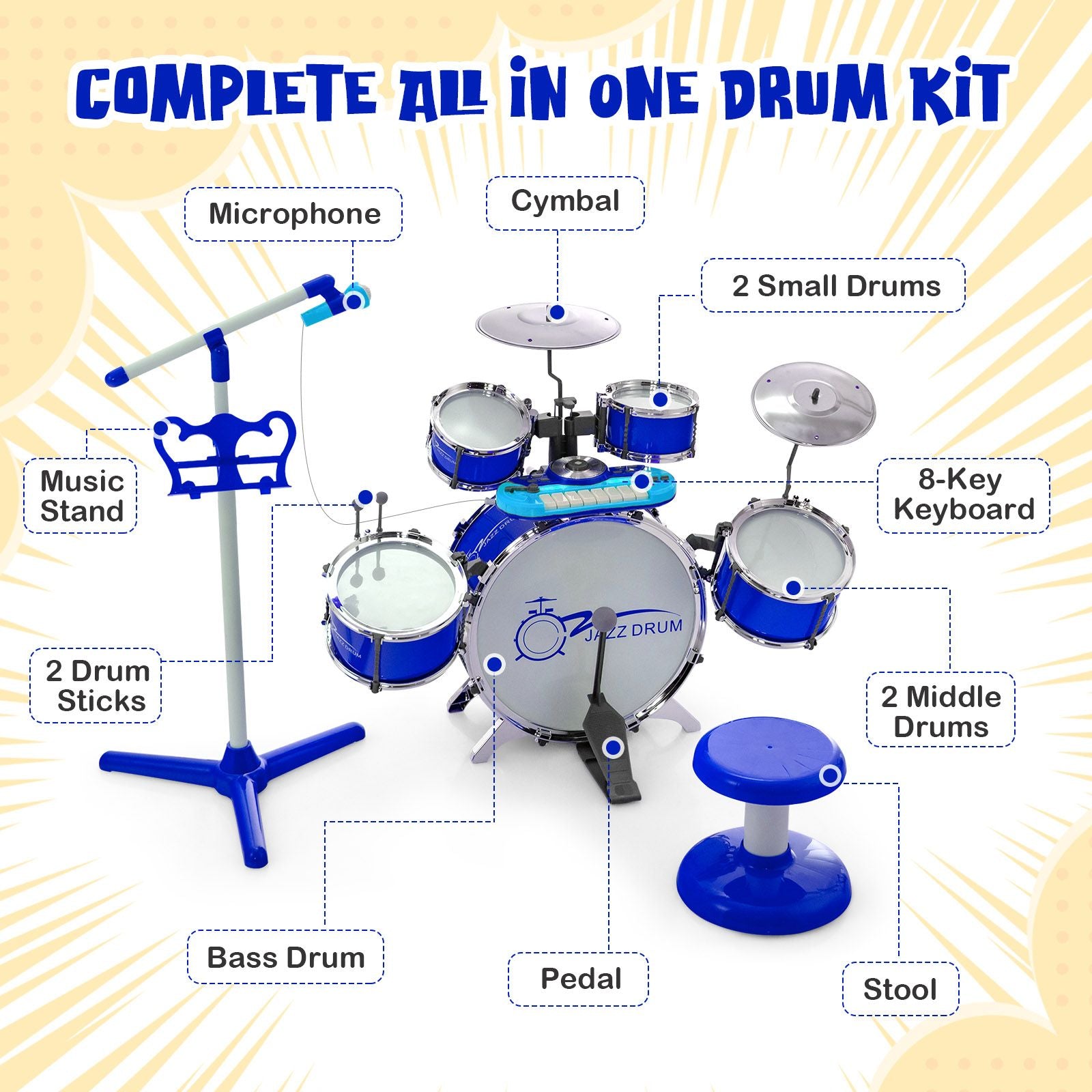 Kids Drum Kit with 8-Keys Keyboard, Microphone and 2 Drumsticks