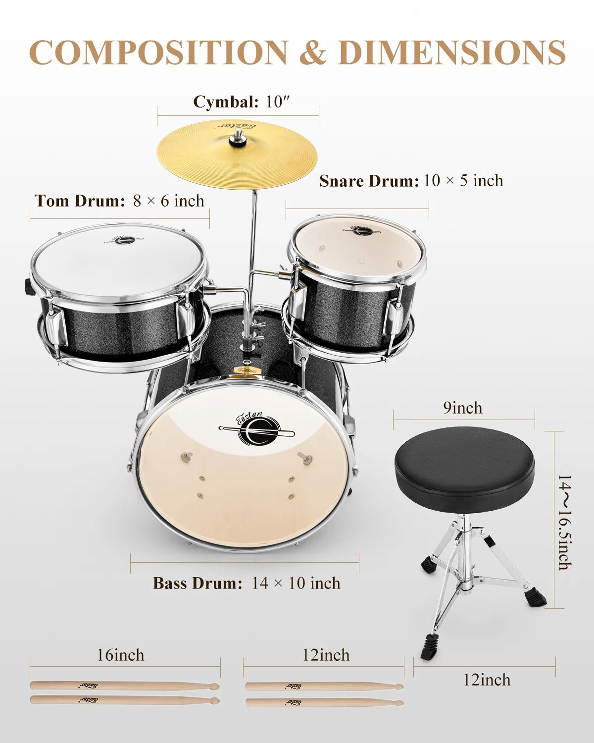 Kids Drums Toys 3 Piece 14 in Percussion Musical Instrument, Drumming Kit for Beginners, Metallic Black