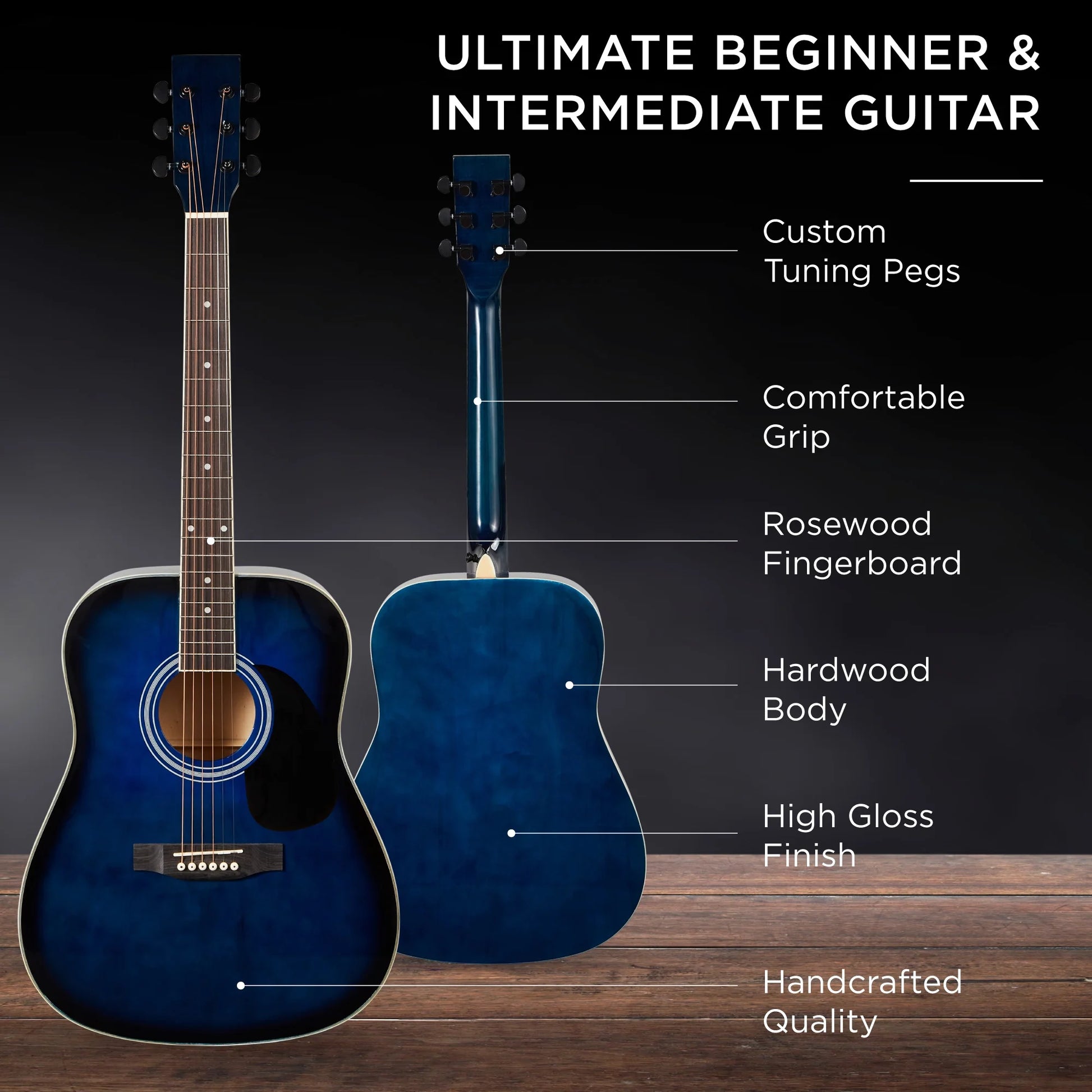 41In Full Size All-Wood Acoustic Guitar Starter Kit W/Gig Bag, E-Tuner, Pick, Strap, Rag - Blue