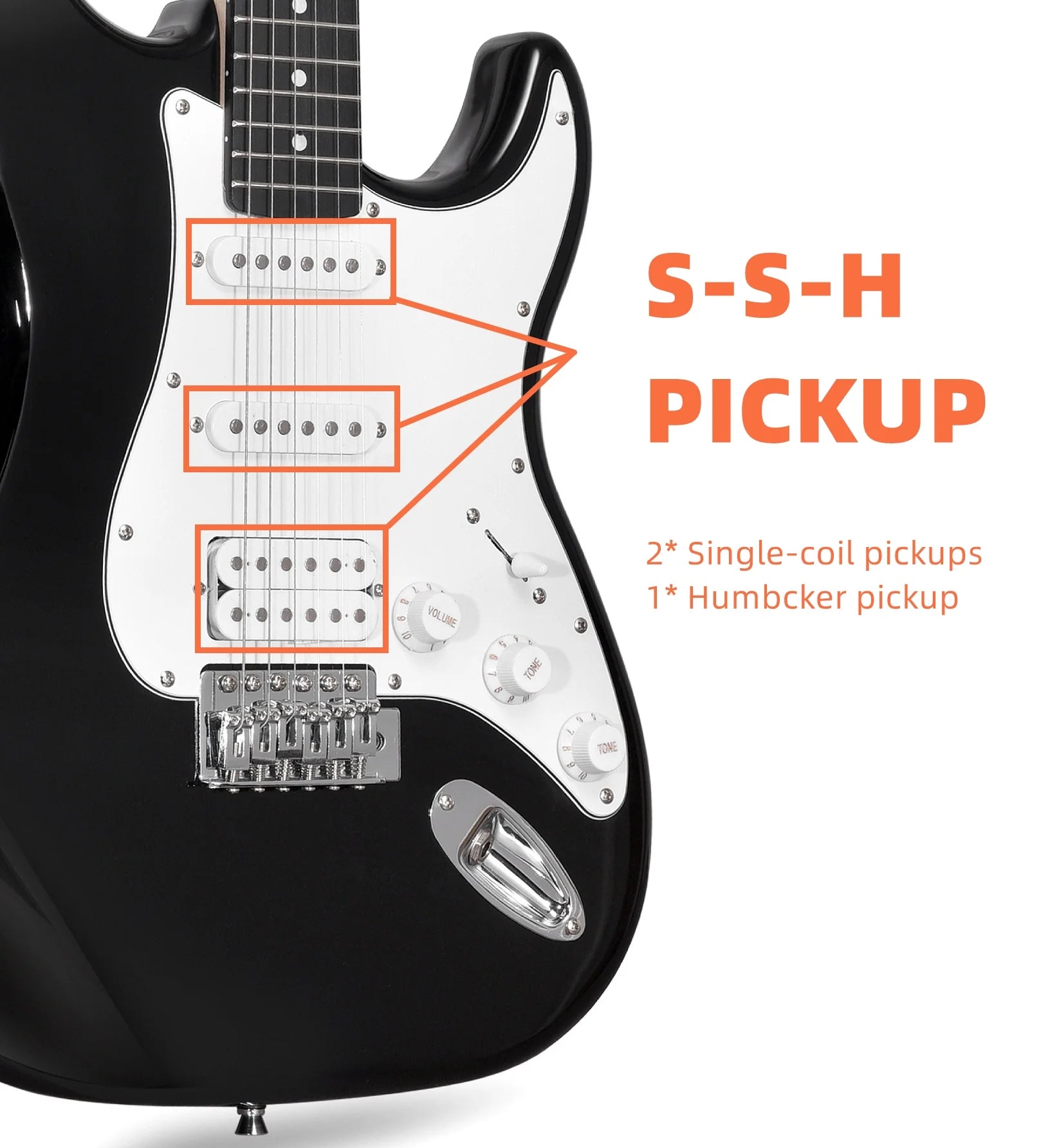 Electric Guitar Solid-Wood Body 39" Beginner Guitar Kit with Amplifier, Bag, Strap, String, Tuner, Cable, Picks and Free Lesson, Black