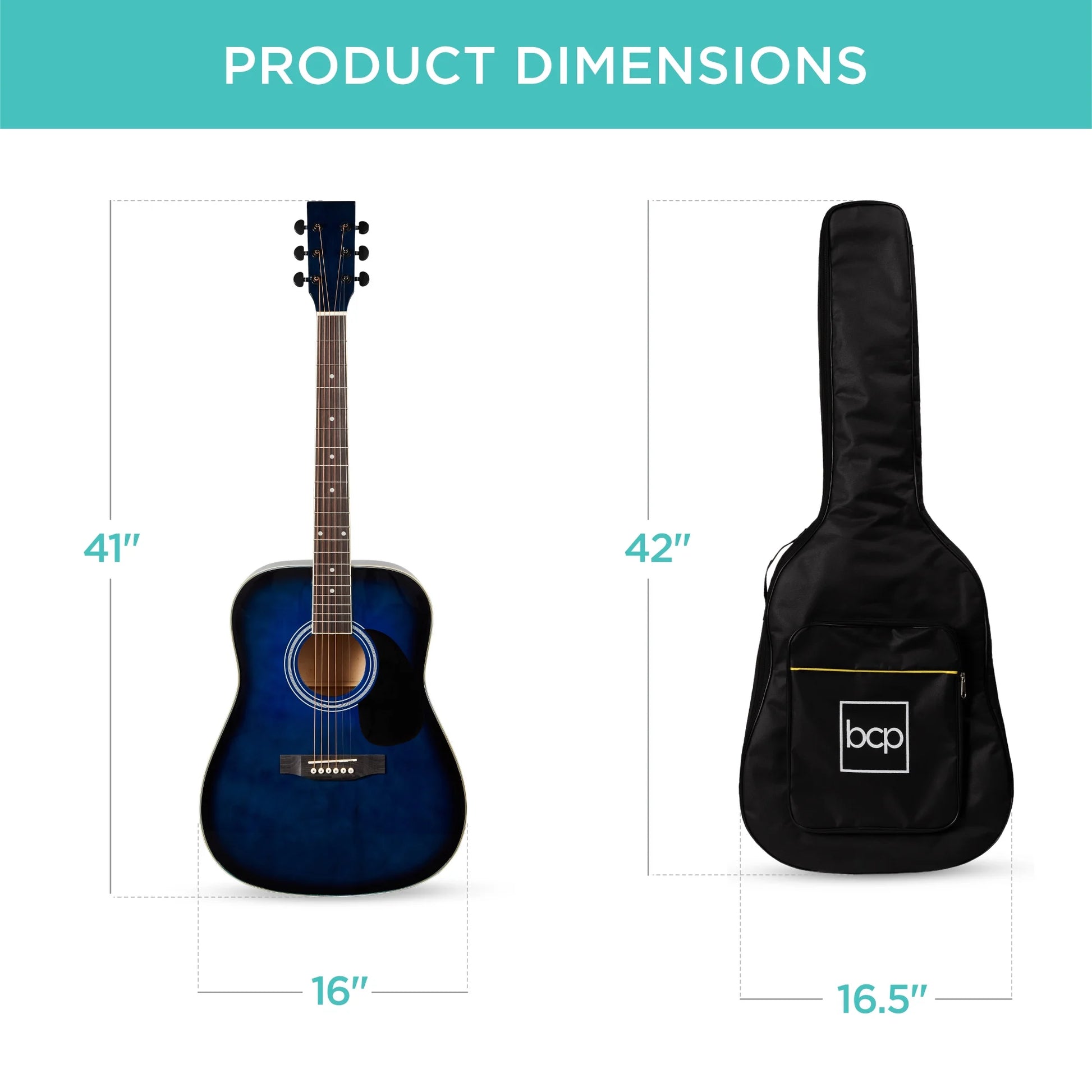41In Full Size All-Wood Acoustic Guitar Starter Kit W/Gig Bag, E-Tuner, Pick, Strap, Rag - Blue