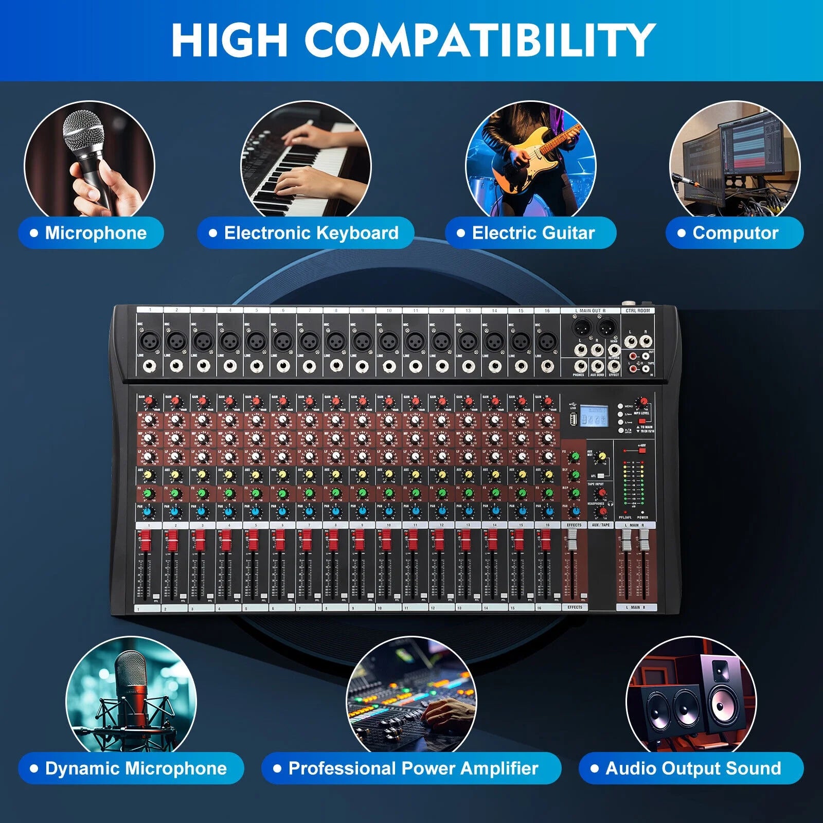 Professional 16 Channel Sound Mixing Console Board USB DJ Wireless Bluetooth Audio Mixer