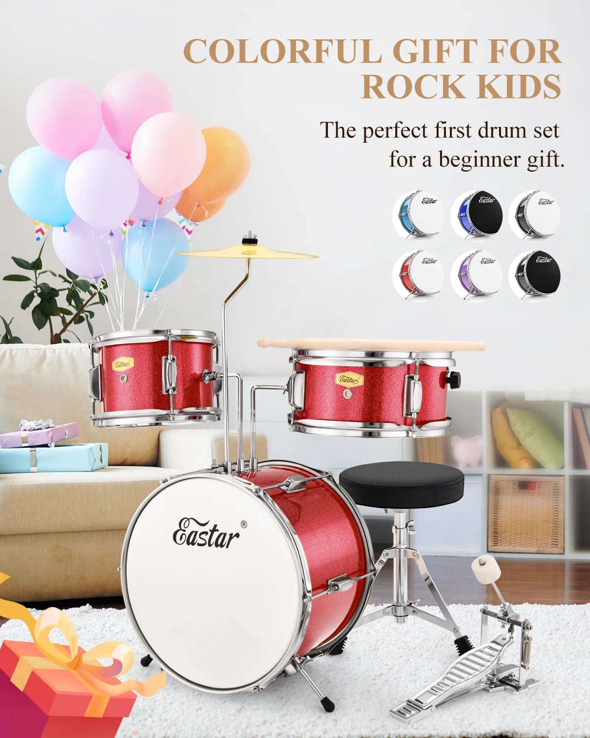 Drum Set for Kids 14 Inch 3-Piece Drums Kit Child Beginners Jazz Musical Instrument, Throne, Cymbal, Pedal, Drumsticks, Red