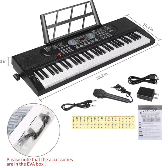 61 Keys Piano Keyboard,With Microphone Piano Note Sticker Power Supply Music Stand Electronic Digital Keyboard Gift