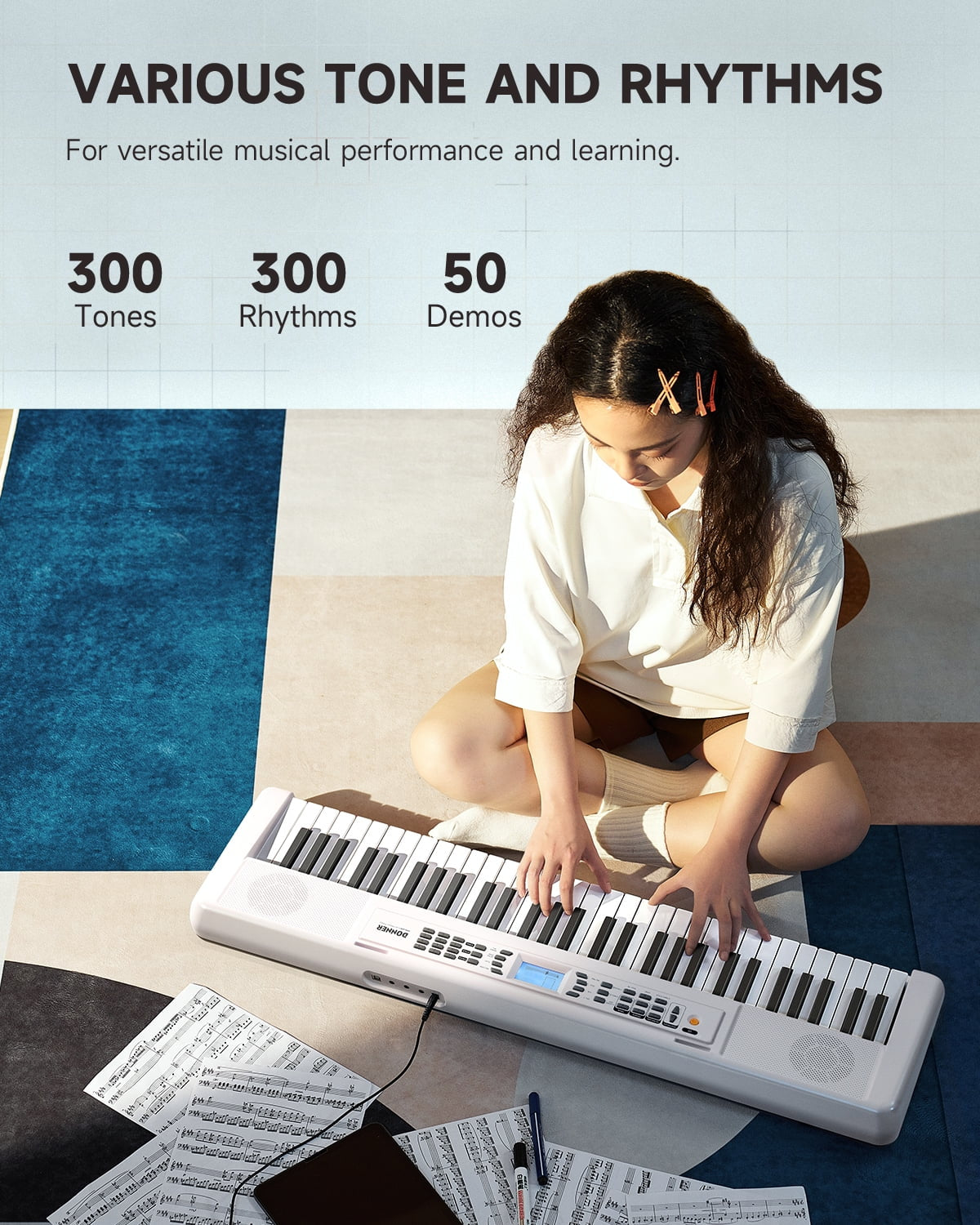 DEK-200 61 Key Piano Full-Size Electronic Keyboard Set, Dual Keyboard, Auto Accompaniment, Metronome, Record, Includes 300 Tones and Rhythms, with Stand, Bench, Microphone, White