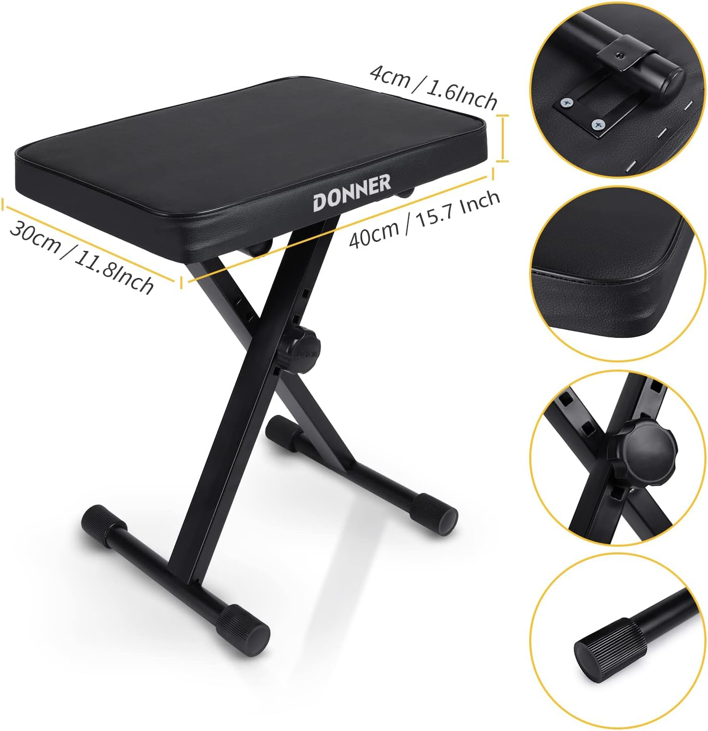 Piano Bench, Adjustable Keyboard Bench Portable Stool Collapsible Chair Foldable Seat X-Style, 1.6 Inch Thickness High-Density Sponge Padded, Non-Skid Design, Black