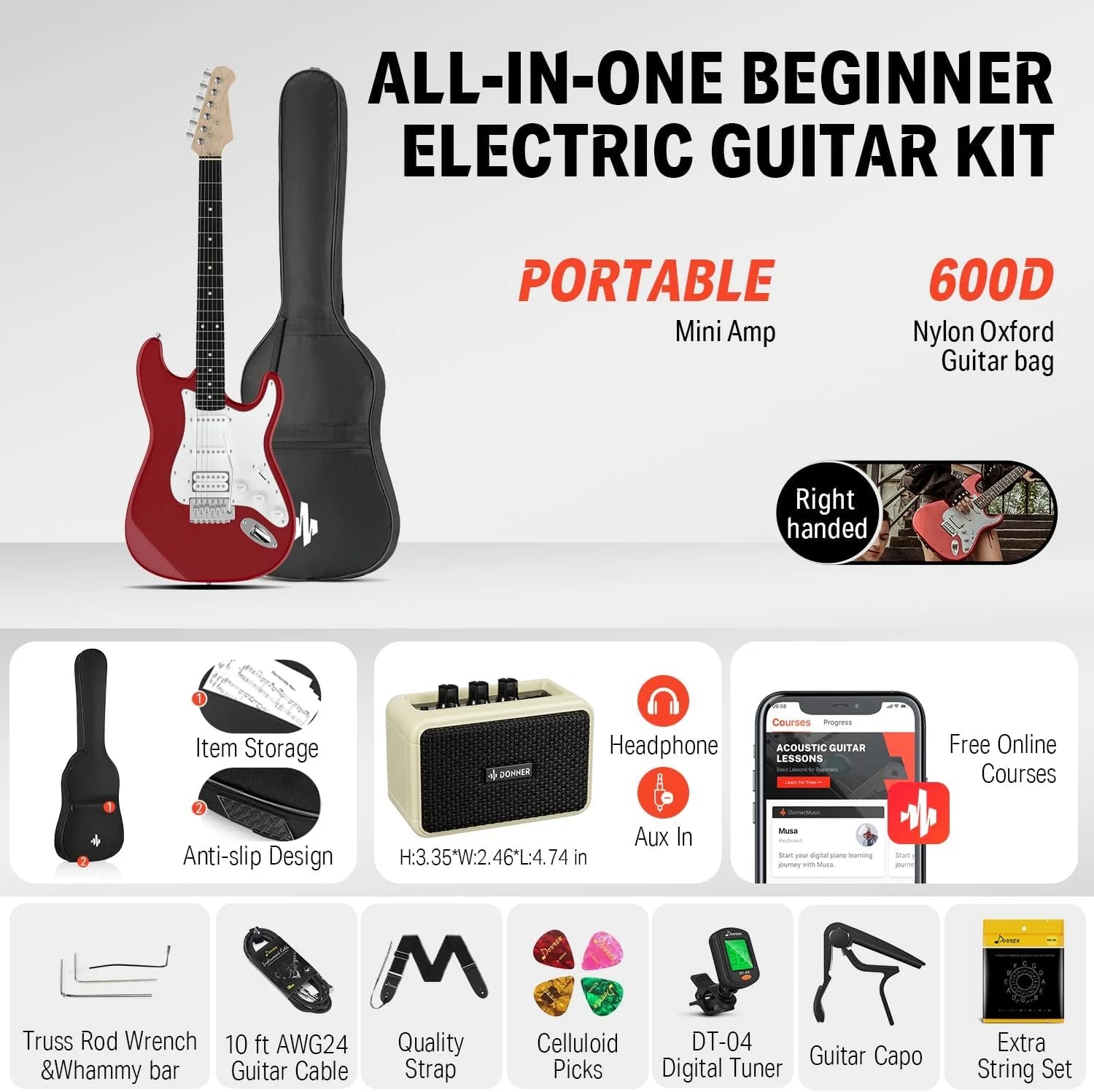 39" Electric Guitar Beginner Kit Solid Body Full Size Red HSS Pick up for Starter, with Amplifier, Bag, Digital Tuner, Capo, Strap, String,Cable, Picks DST-102R