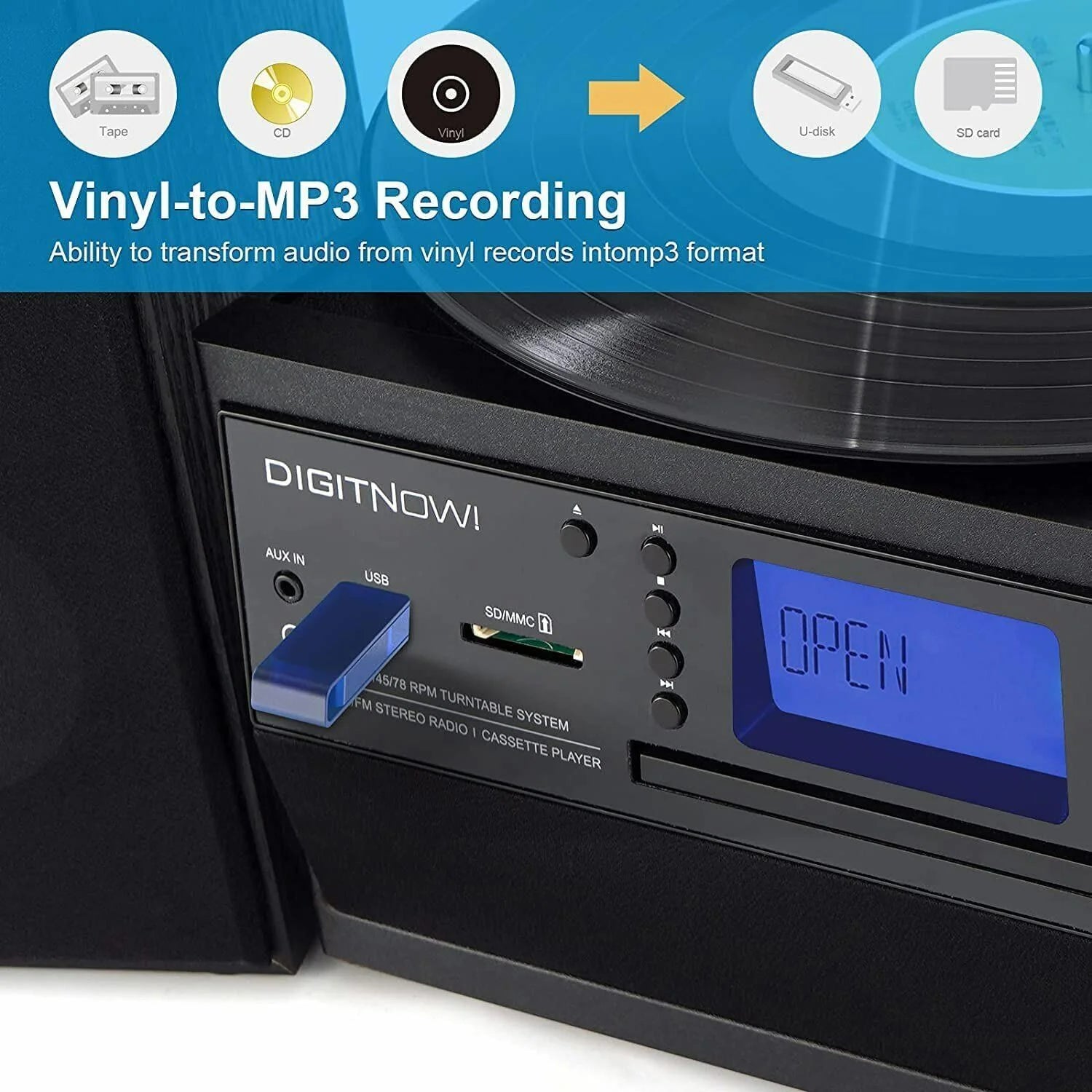 Record Player Bluetooth Turntable with Stereo Speaker, CD Player, Cassette, Radio, Aux in and SD Encoding, Remote Control, Audio Music Player Built in Amplifier