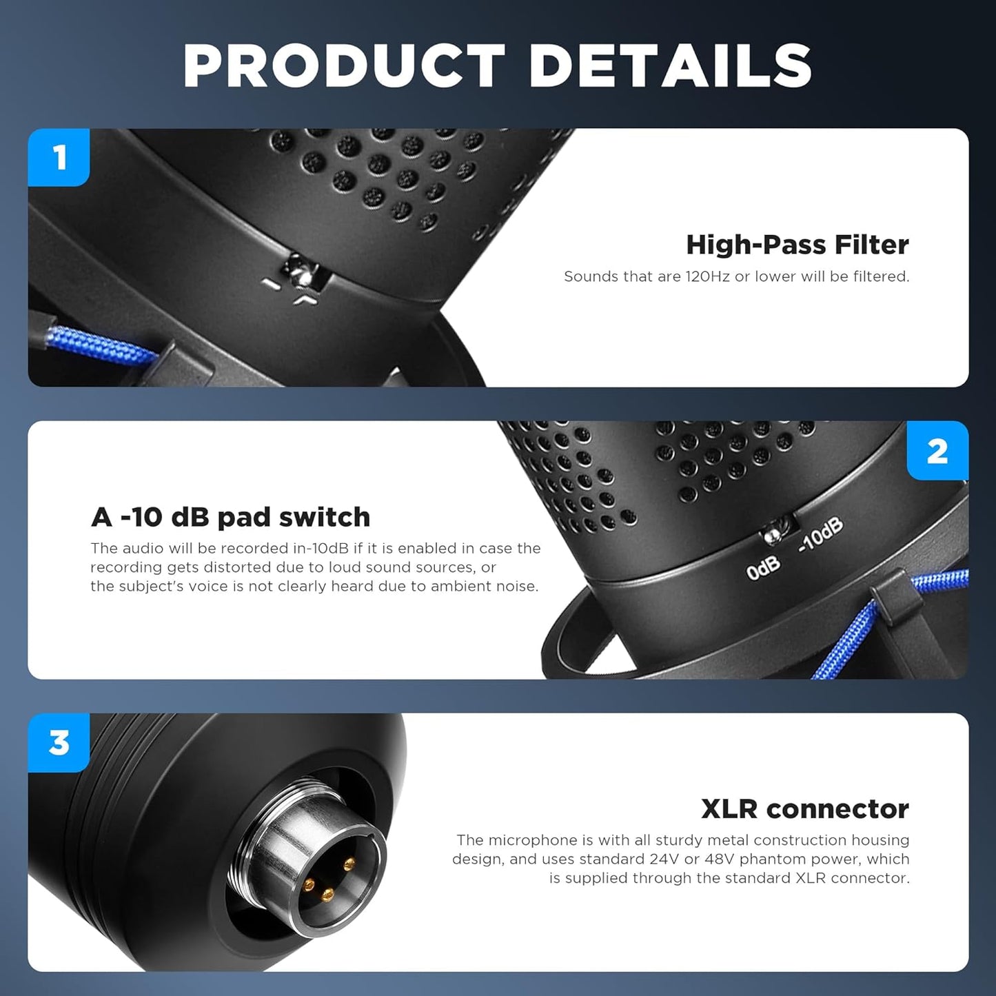 XLR Large Diaphragm Studio Condenser Microphone, 48V Phantom Power Vocal Recording Mic for Singing Podcast, Project Home Audio Youtube Facebook Streaming (BY-M1000 Pro)