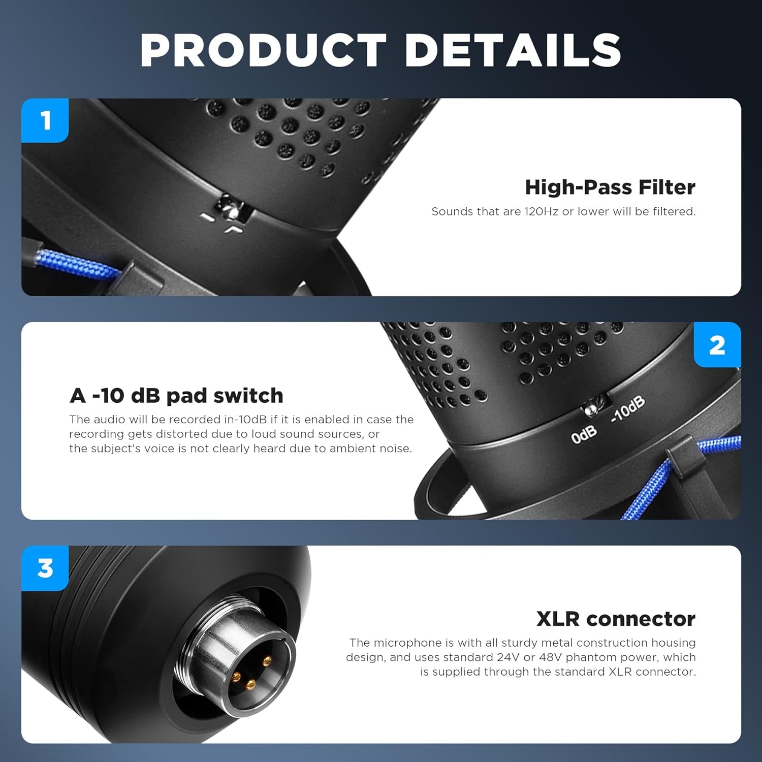 XLR Large Diaphragm Studio Condenser Microphone, 48V Phantom Power Vocal Recording Mic for Singing Podcast, Project Home Audio Youtube Facebook Streaming (BY-M1000 Pro)