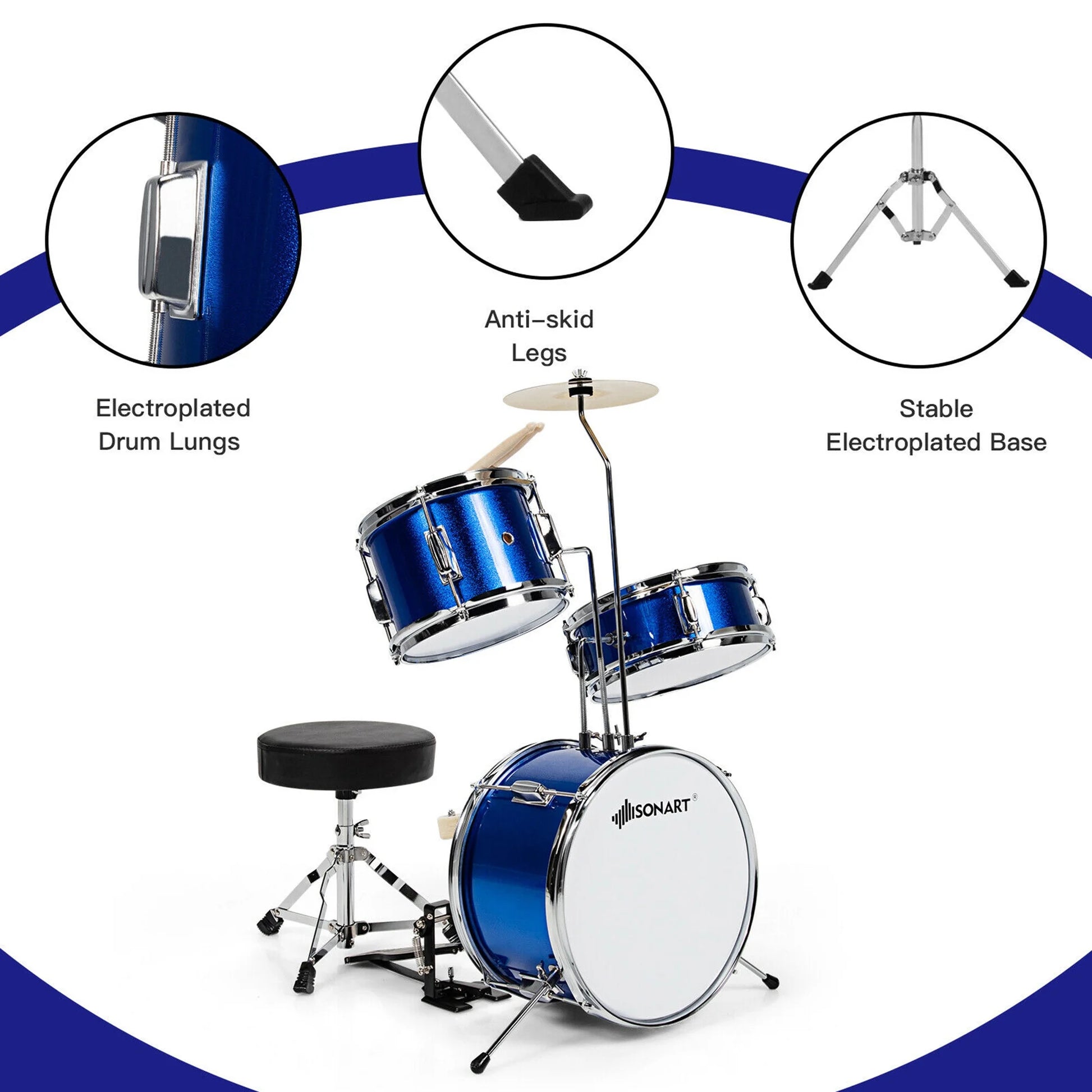 13 Inch 3-Piece Kids Junior Beginner Drum Set W/Tom Snare Bass Drum Blue