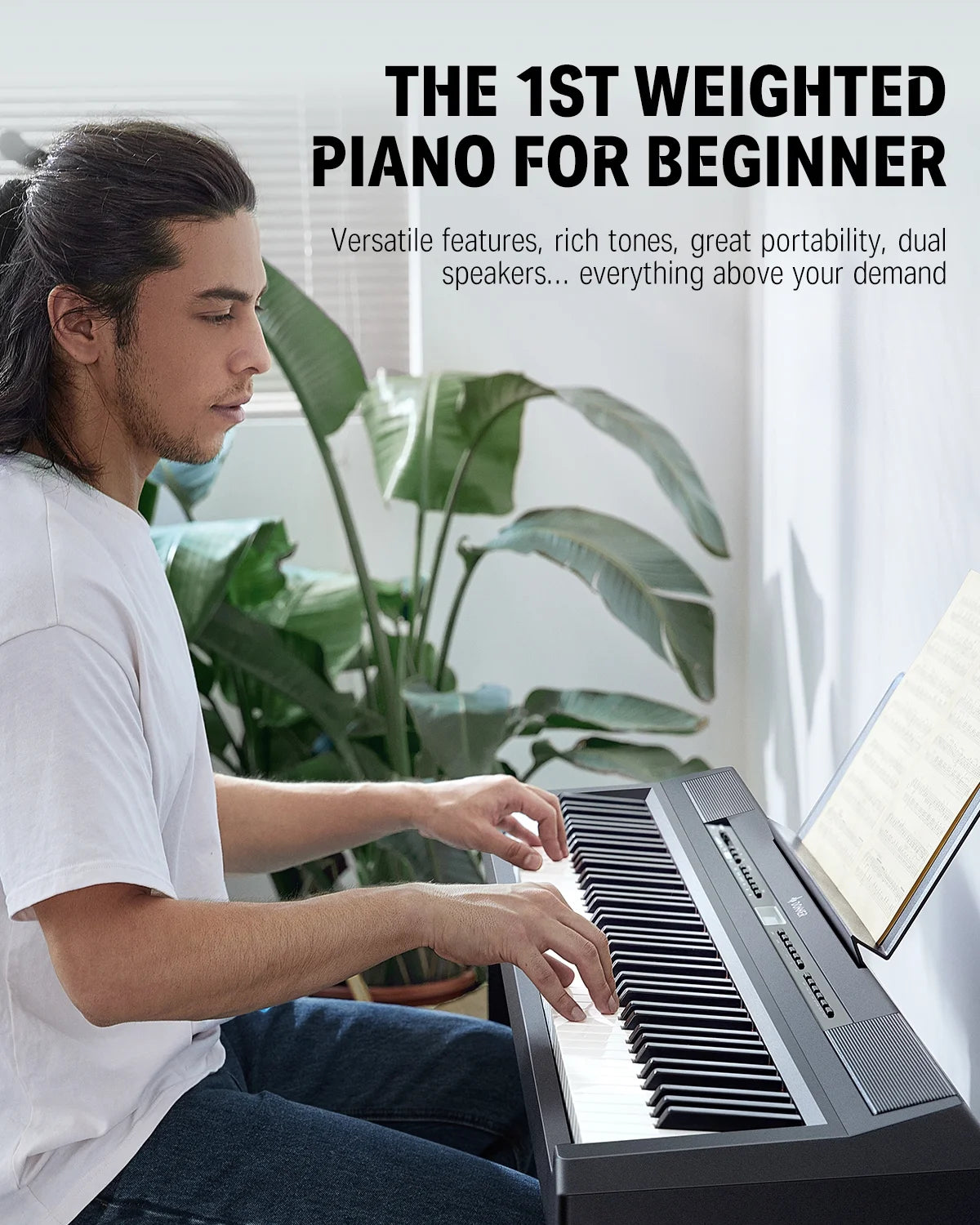 DEP-20 Beginner Digital Piano 88 Key Full Size Weighted Keyboard, Portable Electric Piano with Furniture Stand, 3-Pedal Unit, Black