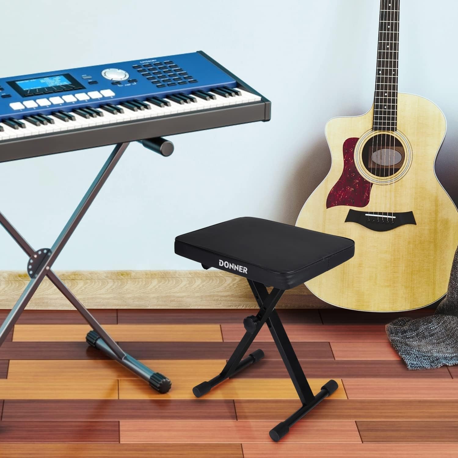Piano Bench, Adjustable Keyboard Bench Portable Stool Collapsible Chair Foldable Seat X-Style, 1.6 Inch Thickness High-Density Sponge Padded, Non-Skid Design, Black