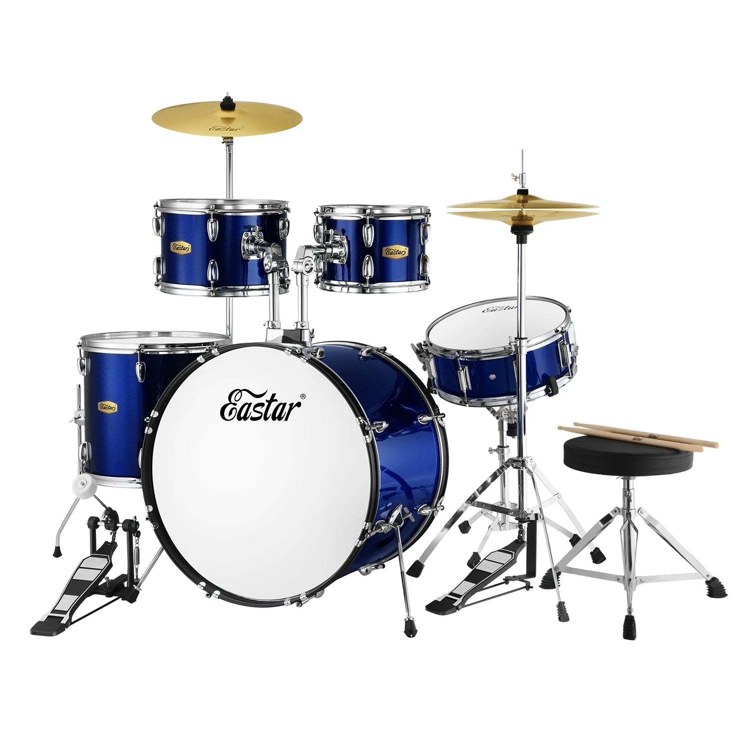 22" 5Pcs Adult Size Drum Set for Beginner Starter Complete Percussion Instrument with Throne, Pedal, Drumsticks, Metallic Blue