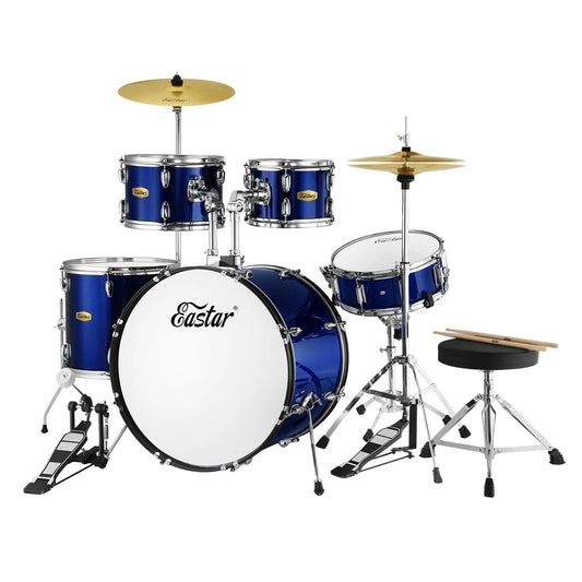22" 5Pcs Adult Size Drum Set for Beginner Starter Complete Percussion Instrument with Throne, Pedal, Drumsticks, Metallic Blue