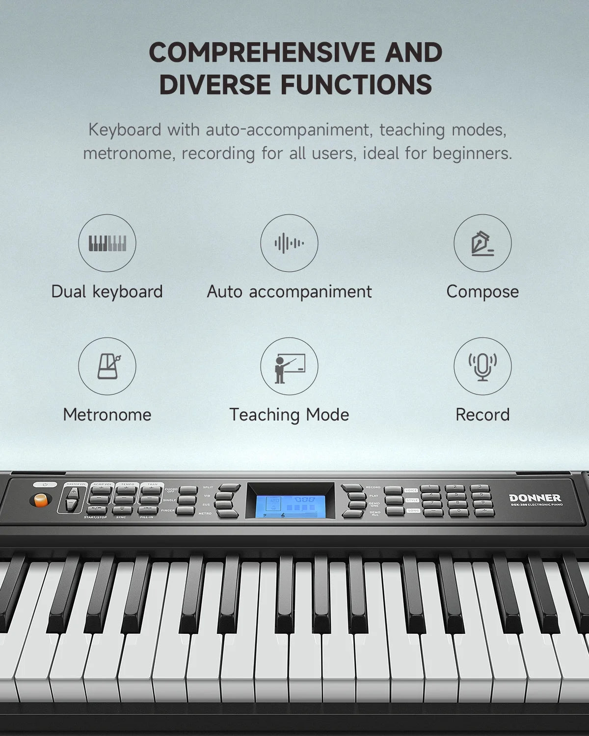 New Arrival DEK-200 61 Key Piano Full-Size Electronic Keyboard Set, Dual Keyboard, Auto Accompaniment, Metronome, Record, Includes 300 Tones and Rhythms, with Stand, Bench, Microphone