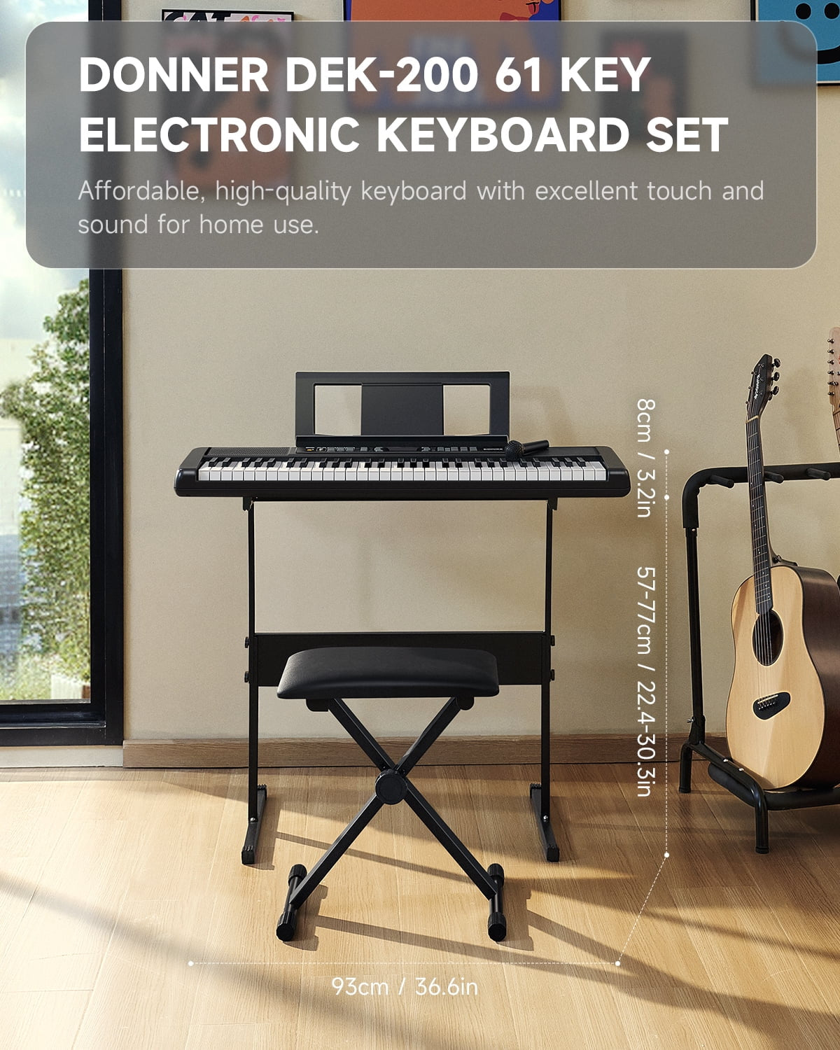 New Arrival DEK-200 61 Key Piano Full-Size Electronic Keyboard Set, Dual Keyboard, Auto Accompaniment, Metronome, Record, Includes 300 Tones and Rhythms, with Stand, Bench, Microphone