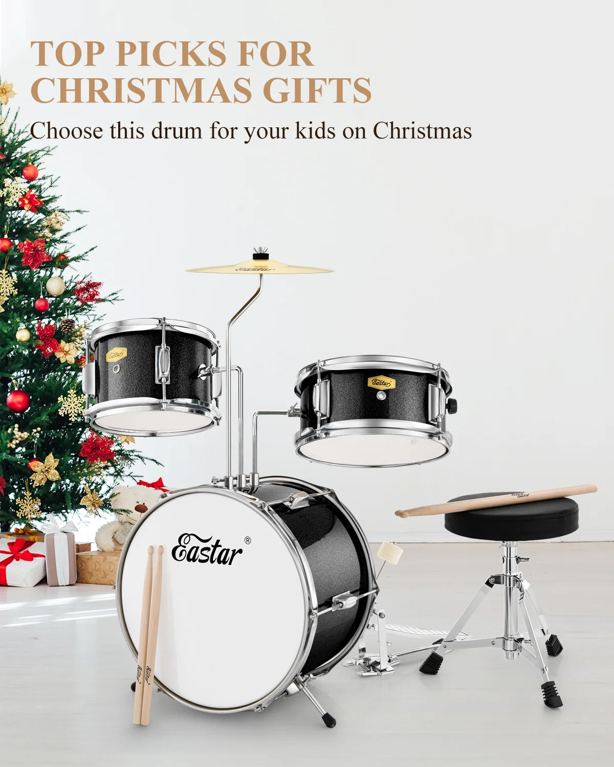Kids Drums Toys 3 Piece 14 in Percussion Musical Instrument, Drumming Kit for Beginners, Metallic Black