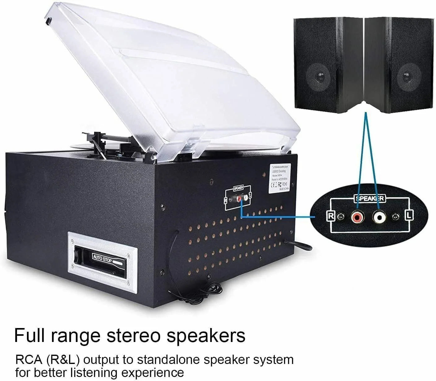 Record Player Bluetooth Turntable with Stereo Speaker, CD Player, Cassette, Radio, Aux in and SD Encoding, Remote Control, Audio Music Player Built in Amplifier