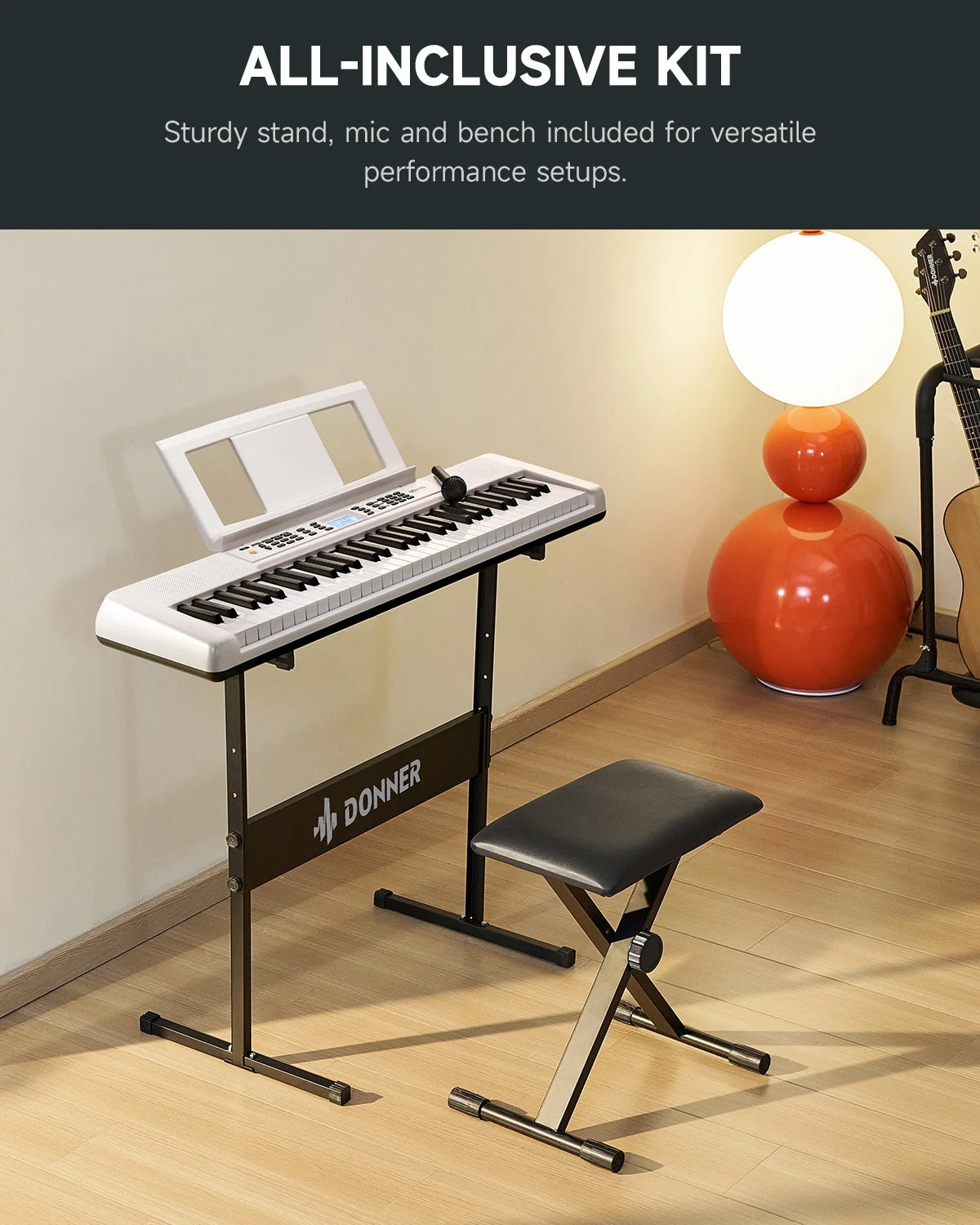 DEK-200 61 Key Piano Full-Size Electronic Keyboard Set, Dual Keyboard, Auto Accompaniment, Metronome, Record, Includes 300 Tones and Rhythms, with Stand, Bench, Microphone, White