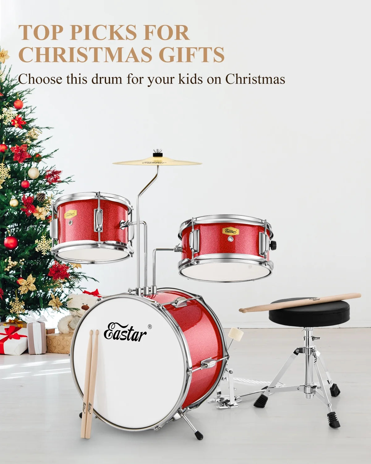 Drum Set for Kids 14 Inch 3-Piece Drums Kit Child Beginners Jazz Musical Instrument, Throne, Cymbal, Pedal, Drumsticks, Red