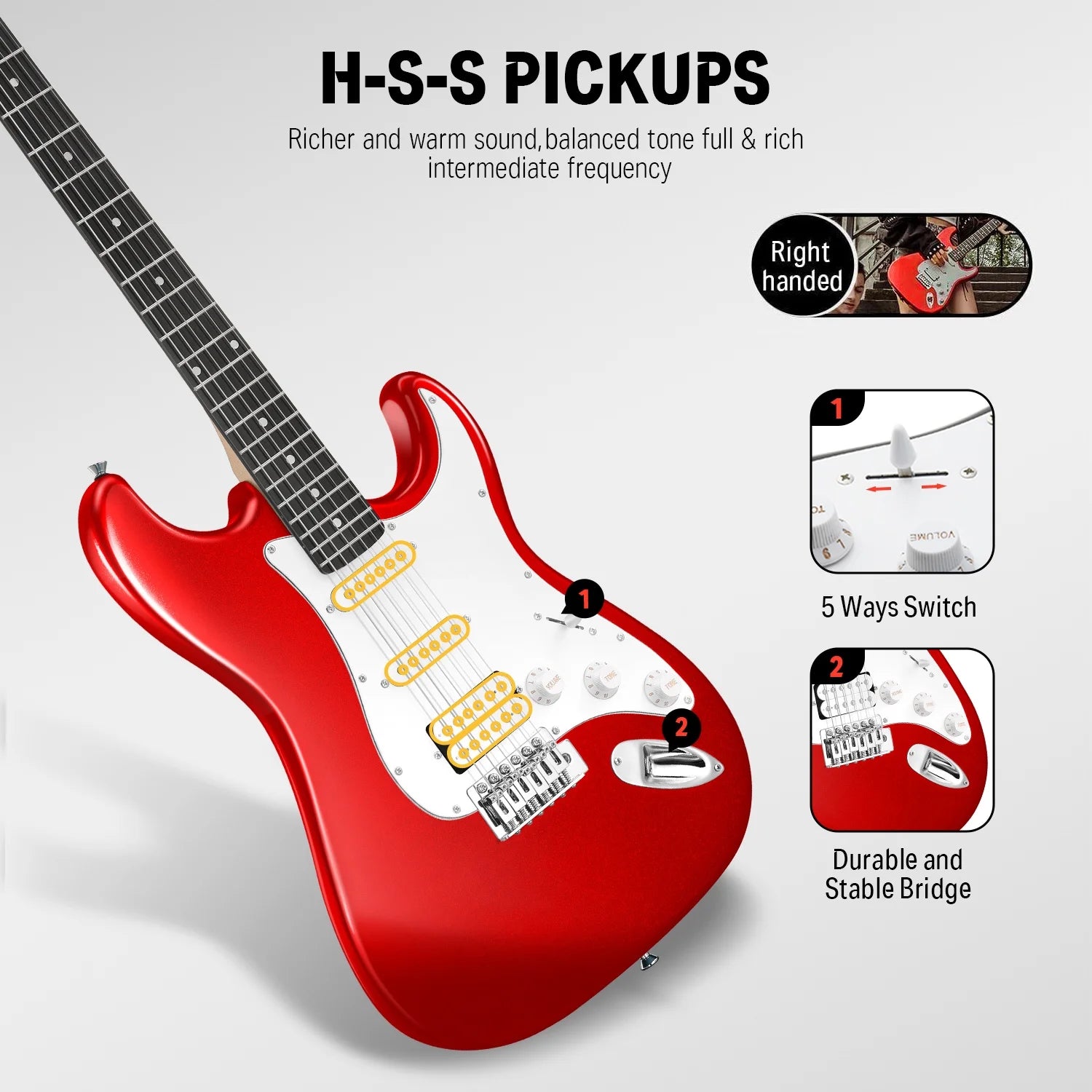 39" Electric Guitar Beginner Kit Solid Body Full Size Red HSS Pick up for Starter, with Amplifier, Bag, Digital Tuner, Capo, Strap, String,Cable, Picks DST-102R