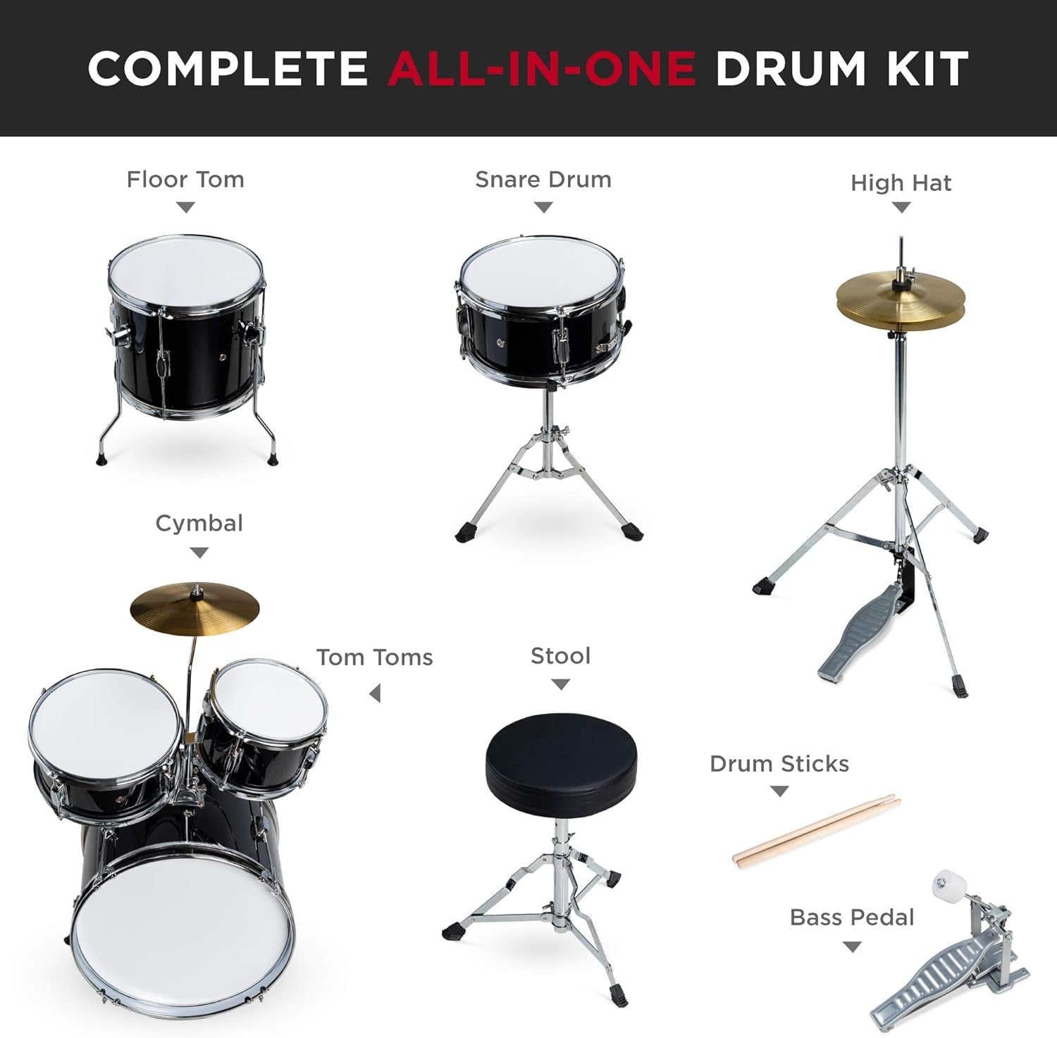 Kids Drum Set 5-Piece 16In Beginner Drum Set Junior Drum Kit, Starter Percussion Set W/Cymbals, Pedal, Drumsticks, Stool, Toms, Snare, Hi Hat - Black