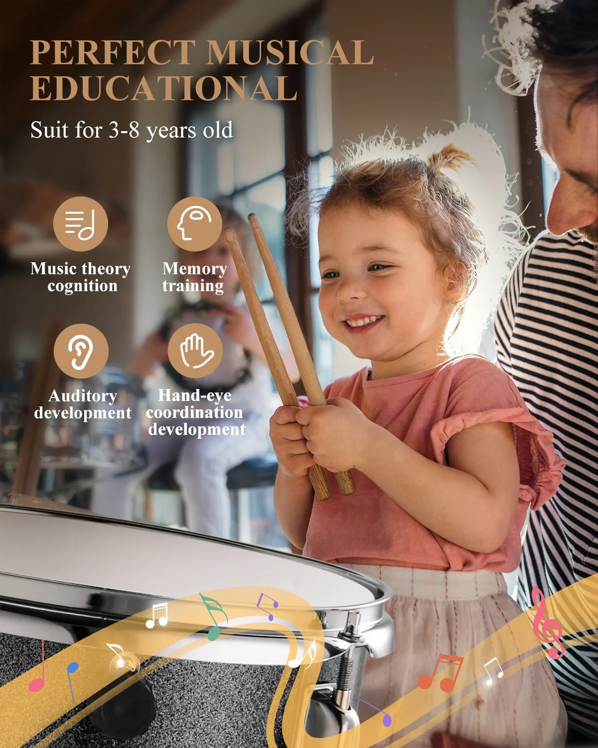 Kids Drums Toys 3 Piece 14 in Percussion Musical Instrument, Drumming Kit for Beginners, Metallic Black