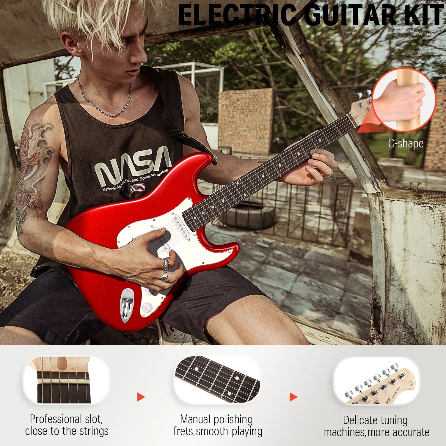 39" Electric Guitar Beginner Kit Solid Body Full Size Red HSS Pick up for Starter, with Amplifier, Bag, Digital Tuner, Capo, Strap, String,Cable, Picks DST-102R