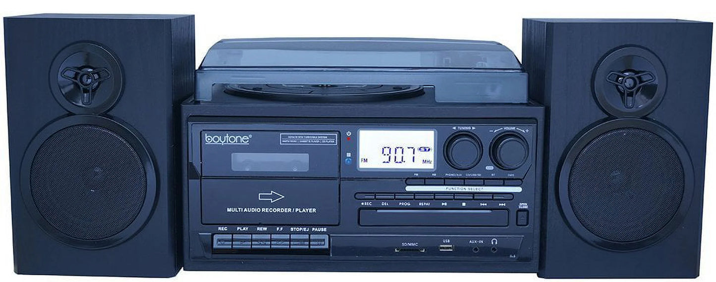 BT-28SPB, Bluetooth Record Player Turntable with AM/FM Radio, Cassette Player, CD Player