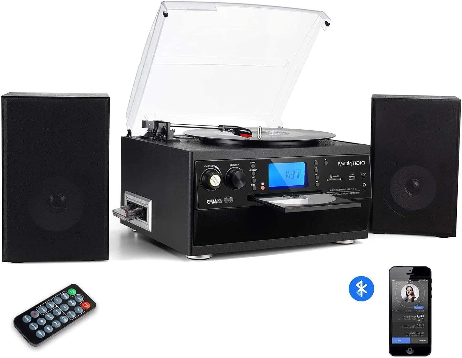 Record Player Bluetooth Turntable with Stereo Speaker, CD Player, Cassette, Radio, Aux in and SD Encoding, Remote Control, Audio Music Player Built in Amplifier