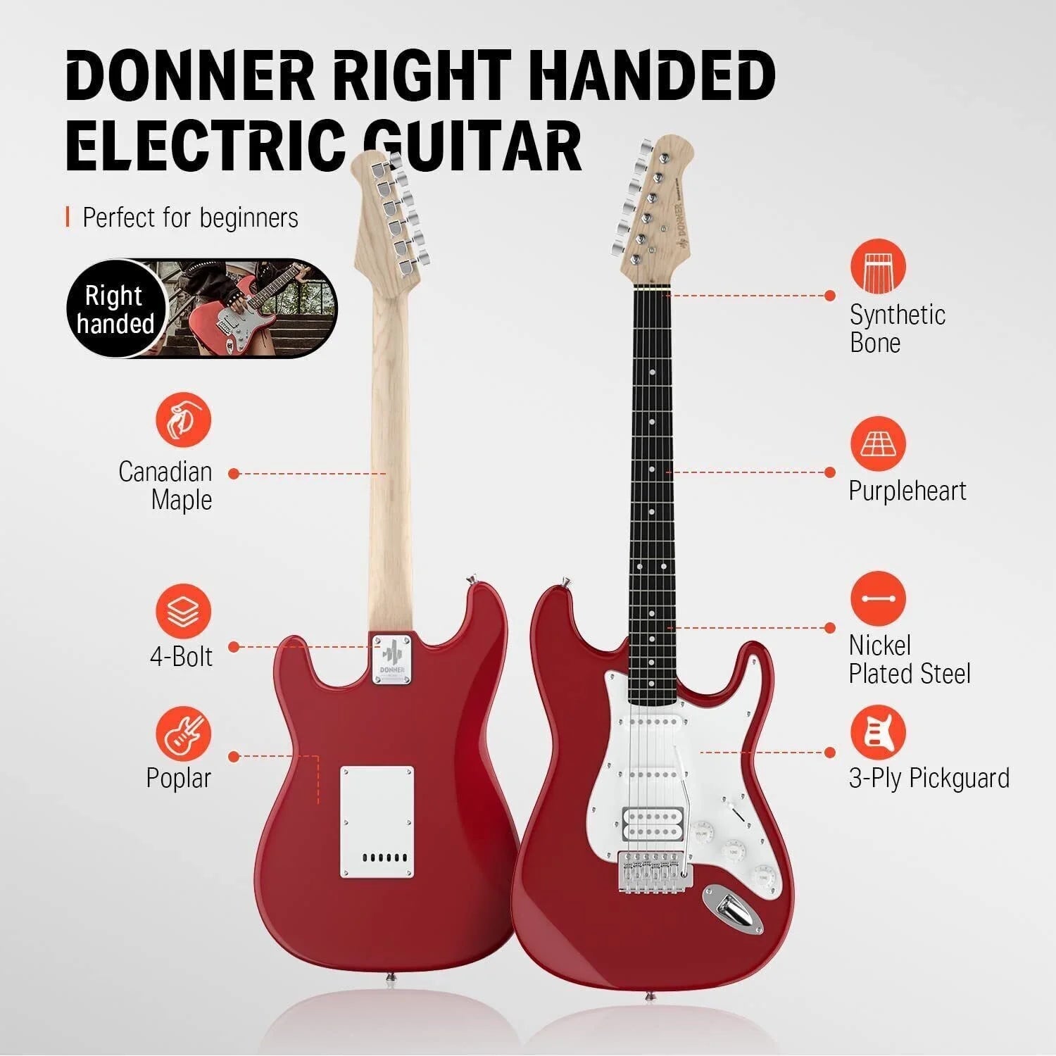 39" Electric Guitar Beginner Kit Solid Body Full Size Red HSS Pick up for Starter, with Amplifier, Bag, Digital Tuner, Capo, Strap, String,Cable, Picks DST-102R